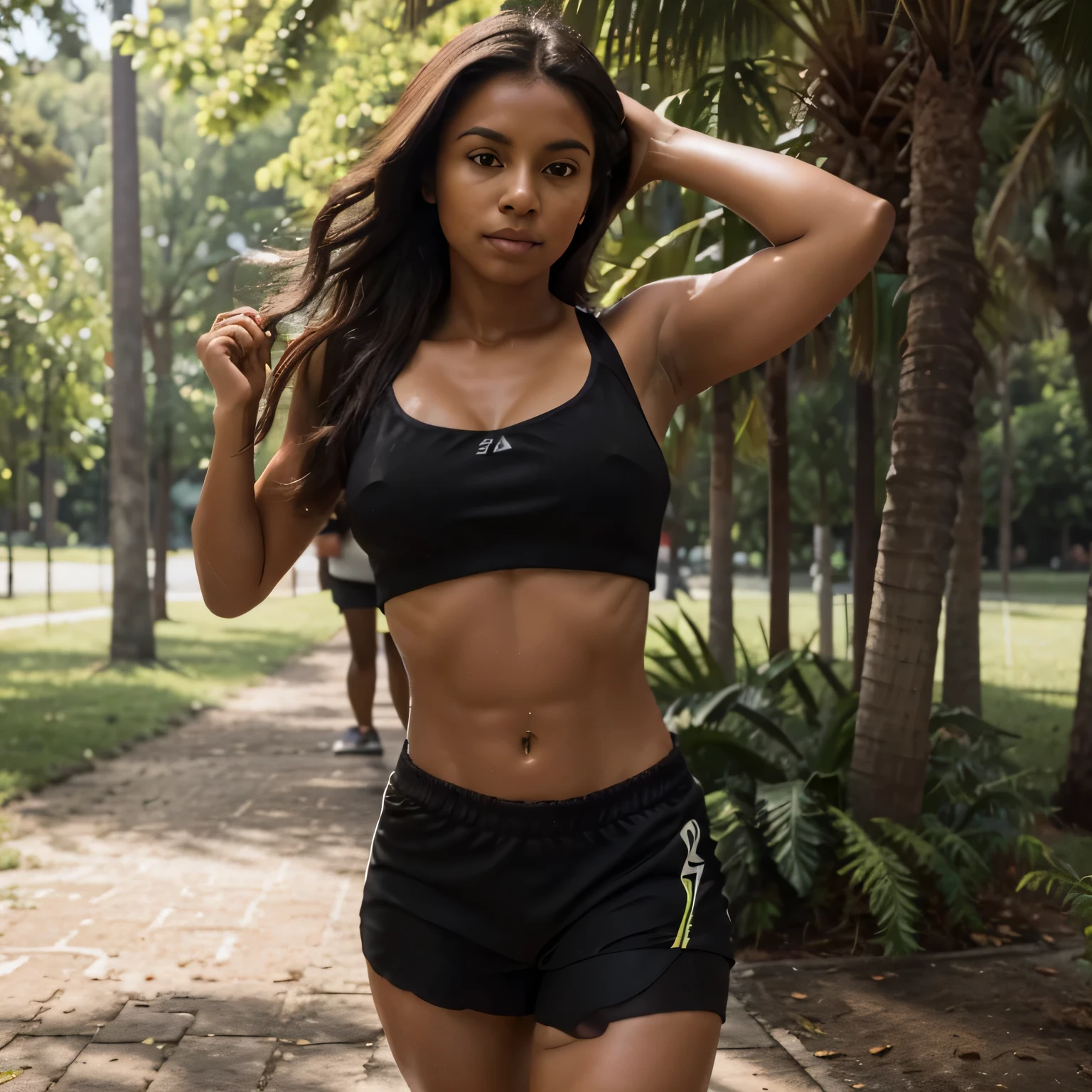 22yo brazilian woman, running in the park, (black running shorts:1.5), long brown hair, (brown skin:1.5), round upturned and wide eyes, heart shaped face, detailed skin, no makeup, natural look, imperfect skin, (defined abs:1.2), wide shoulders, big thighs, highly detailed, soft light, 8k