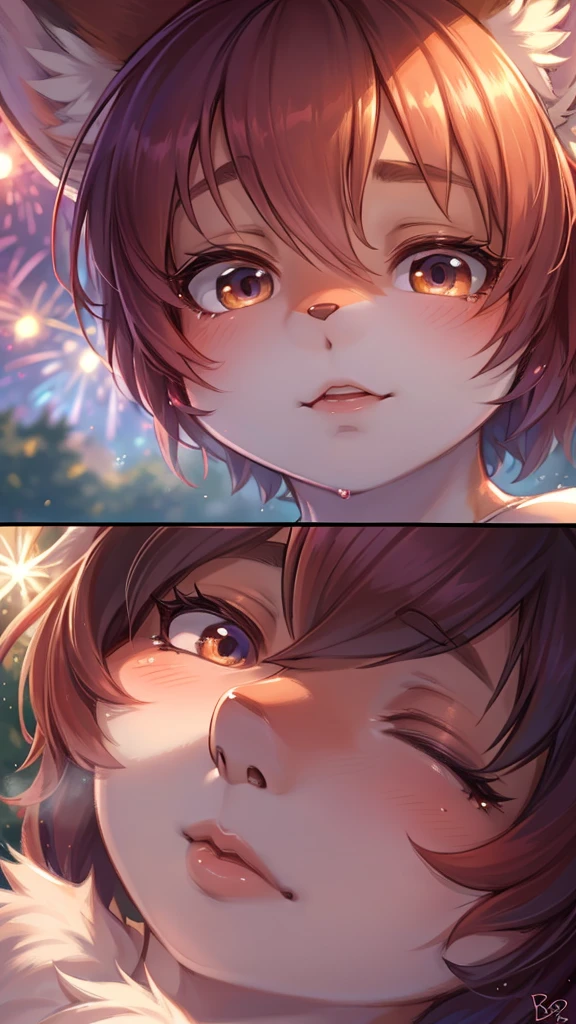 Hallucination, daydream , fantastic , erotica , Fear , bokeh , fox girl , hair tie , Medium hair , up hair , Sensual nape , Fireworks display , front view , (closeup face:1.9) , glossy lips , detail , (Close eyes) , Waiting for a kiss , from below , woman on top , steamy breath , I can not stand it any longer , Mouth gesture , Pretending to hold a stick