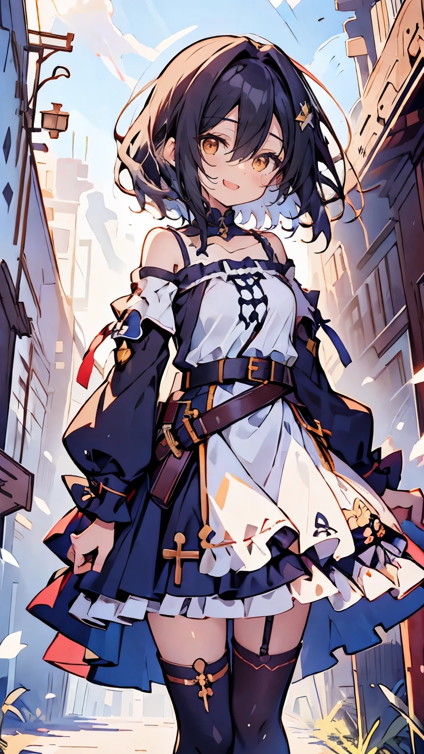 dress,1girl, bare shoulders, belt, eyebrows visible through hair, hair between eyes, long sleeves, looking at viewer, off shoulder, shirt, single thighhigh, solo, thighhighs, white legwear, white shirt,off-shoulder dress,frilled skirt,belt buckle,sleeveless,buckle,choker,frills,medium hair,frilled dress,frilled shirt