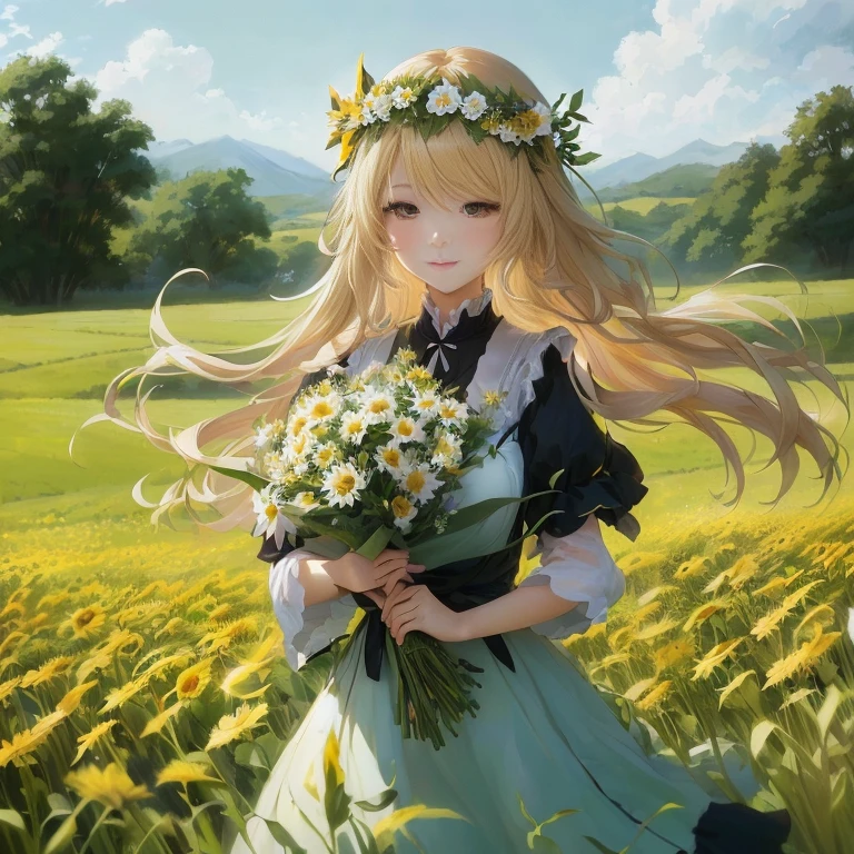 anime girl with long blonde hair holding a bouquet of flowers, beautiful sunflower anime girl, marisa kirisame, in field high resolution, in a field of flowers, anime visual of a cute girl, rin, blonde anime girl with long hair, guweiz on pixiv artstation, in a field with flowers, girl in a flower field, in dress