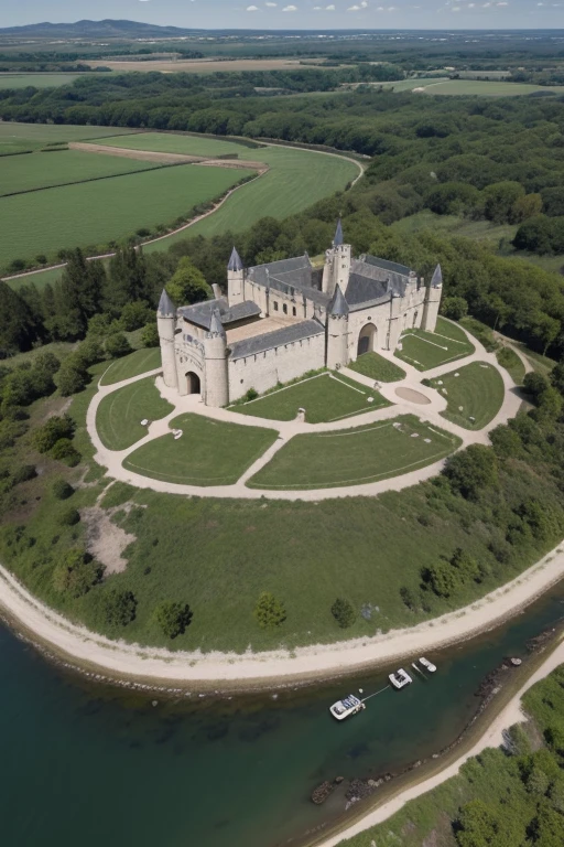 "Crear una imagen de un feudo medieval europeo. Incluir: castillo con murallas, aldea con casas de madera y paja, iglesia local, campos de cultivo, praderas para pastoreo, bosque, caminos en mal estado, rivers as natural boundaries, and community areas. Show aerial perspective to visualize the layout of the fiefdom."
