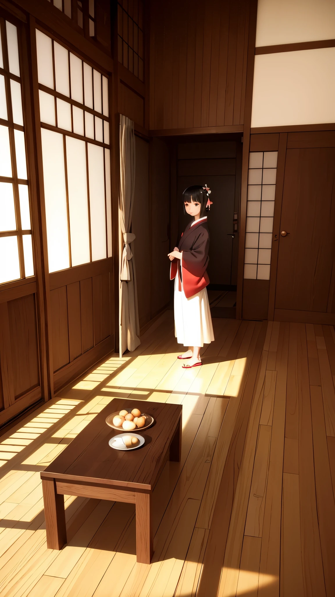Standing in a room of an old Japanese house、Create a 3D image of Zashiki Warashi！