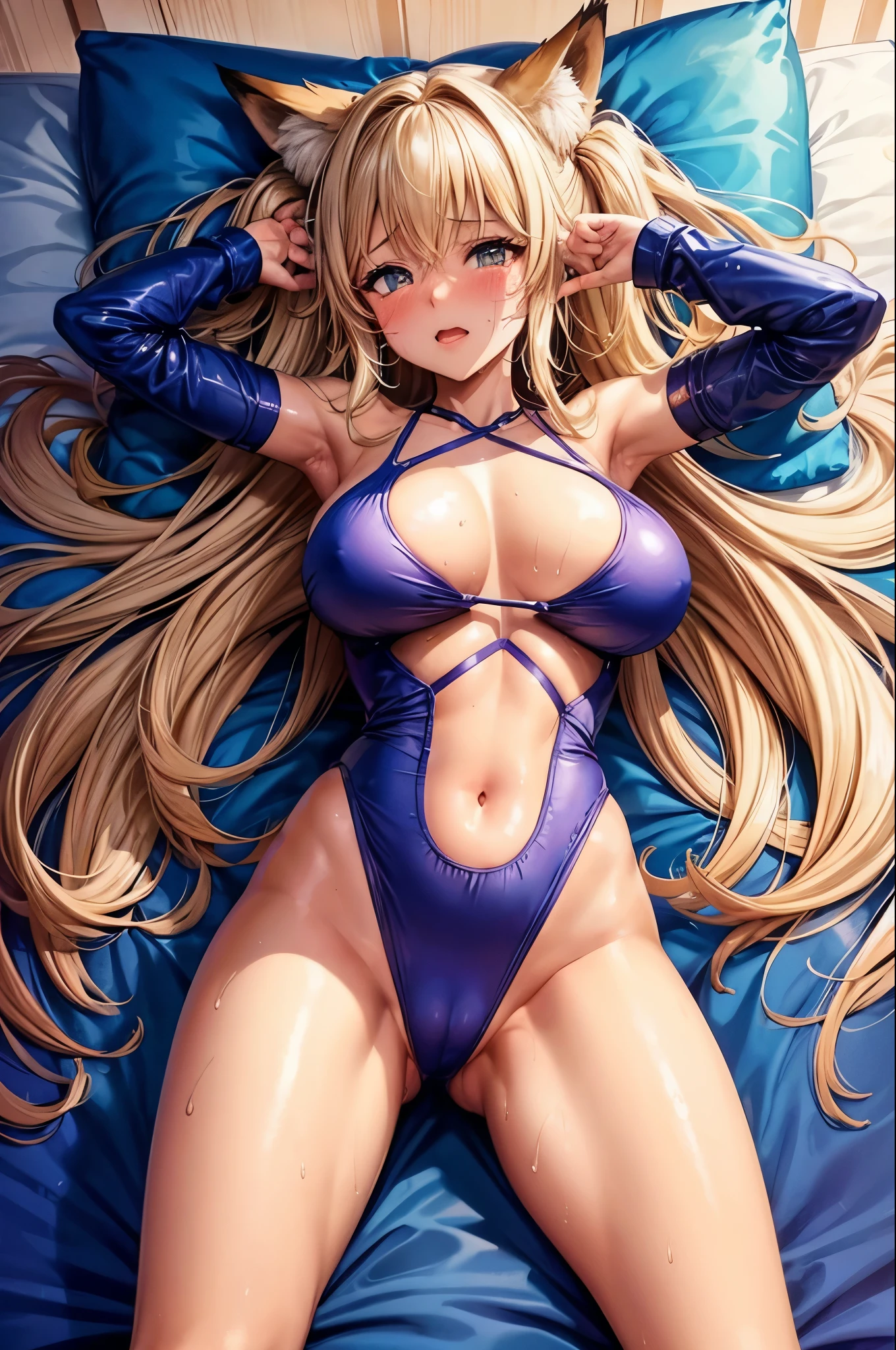 Fox Girl, Big Breasts, Lying in bed, cry, In a monokini, Feet in different directions, You can see everything between your legs, cry, Sweaty buttocks, Sweaty chest, Sweaty vagina