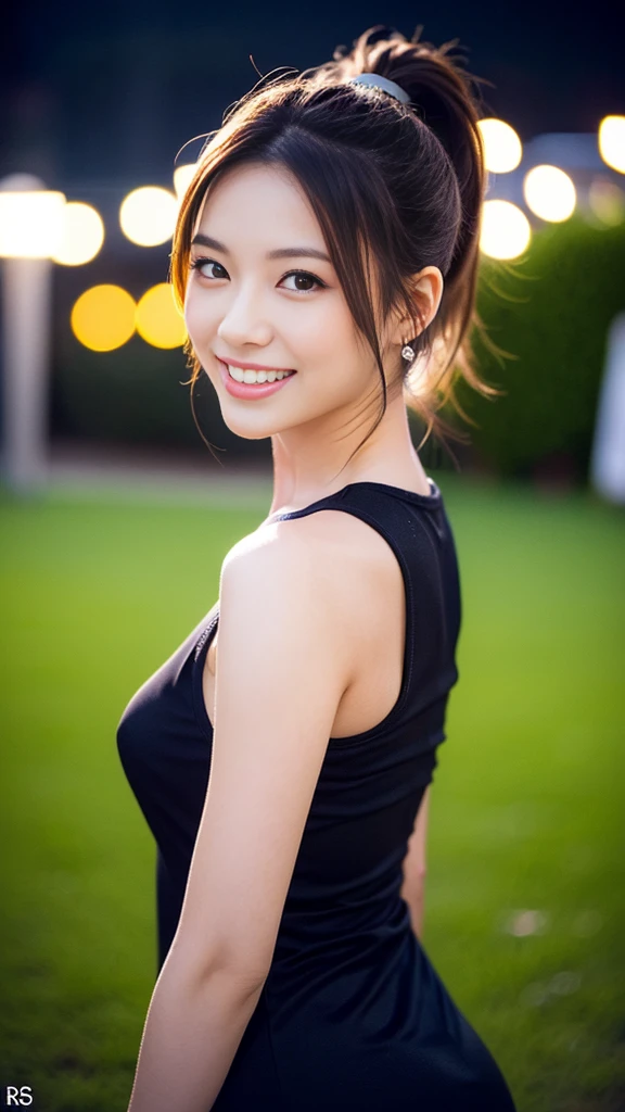 a gorgeous lady in a girls' high , standing under night sky, smiling with a ponytail and short hair, in a sexy pose, photorealistic, beautiful detailed eyes, hyper-realism, high contrast, ultra HD, realistic skin textures, top image quality, top-quality, super high resolution, fine details, very meticulously, bokeh background