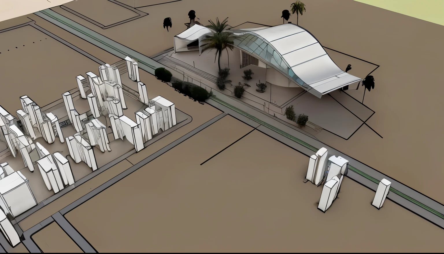 Exterior view of the railway station in Sullana, it is presented as a modern and elegant building, harmoniously integrated with its arid and warm environment. Its architectural design incorporates elements that maximize energy efficiency and guarantee thermal comfort for users.
Outside, the building is surrounded by native vegetation and palm trees that provide natural shade and help reduce ambient temperature. A green roof covers part of the structure, offering additional insulation and absorbing some of the solar heat.
The walls are constructed of highly reflective materials to minimize heat absorption. Large windows with special glass allow in natural light, but are designed to filter UV rays and reduce interior heat.
The station's interior design promotes cross ventilation, with wide hallways and strategically placed openings that allow fresh air to circulate freely. Passive ventilation systems have been installed that take advantage of natural air currents to cool the environment.
Additionally, shading structures have been placed in outdoor waiting areas, providing shelter from direct sun without obstructing air circulation. These areas have comfortable seating and green areas to create pleasant and cool rest spaces.
In summary, the railway station in Sullana combines modern technology and sustainable design principles to offer a comfortable and cool environment for users, even in a hot and arid climate.