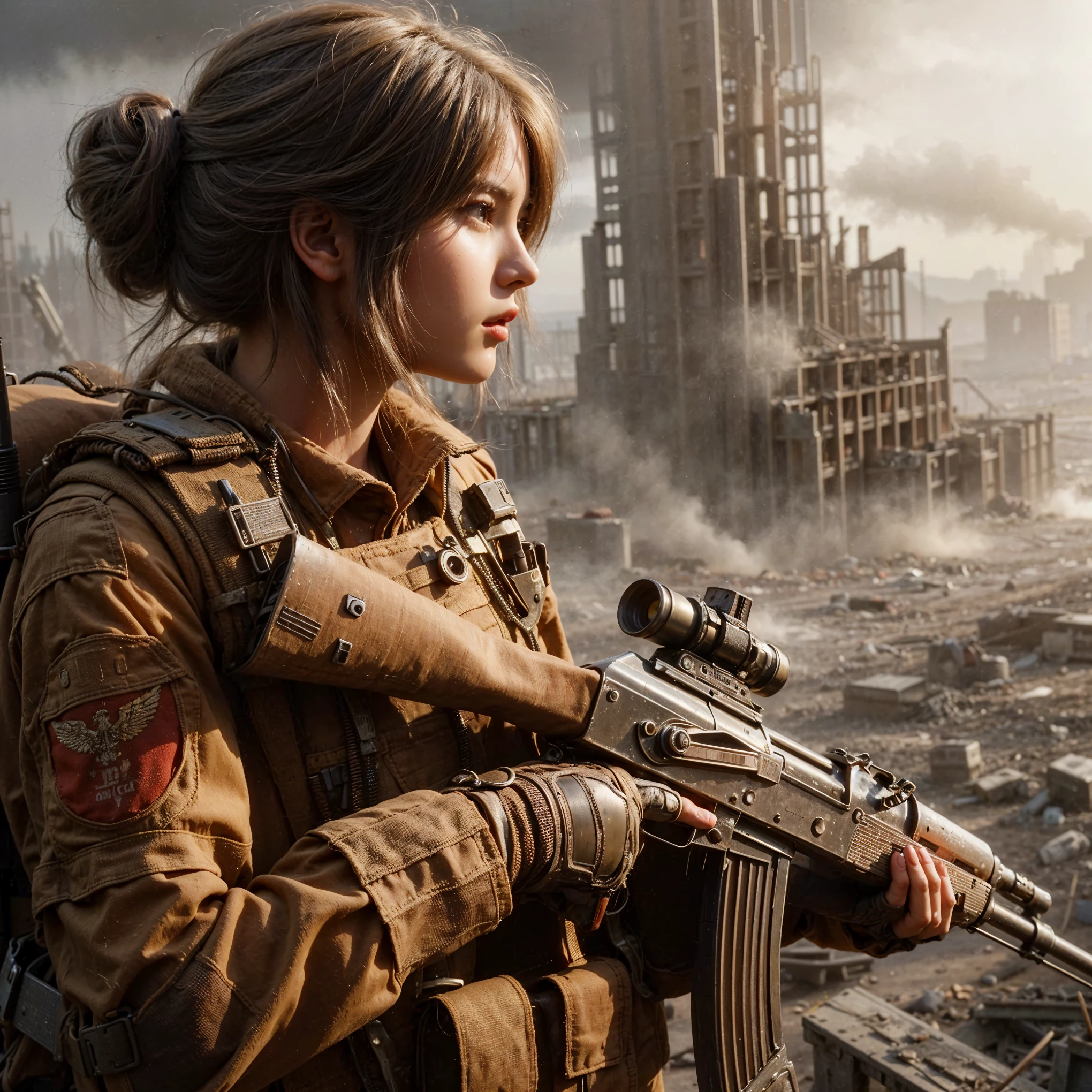 superrealism, ultra high res,8k,(Photorealsitic:1.4), (1950s-like mechanical suit:1.2), Collapsed Cities, heavy weapons,vivid textures,animal legs, gradation hair, Russian female soldier,(ultra beautiful face),((super realistic all textures)), ((super intricate all details)), full body shot, ultra sharp photo result, Olive Drab color, scratch, Rust, weathering, steampunk, taken with Fuji film X-T30+Nokton. HDR10,Minimum of 4 pieces created