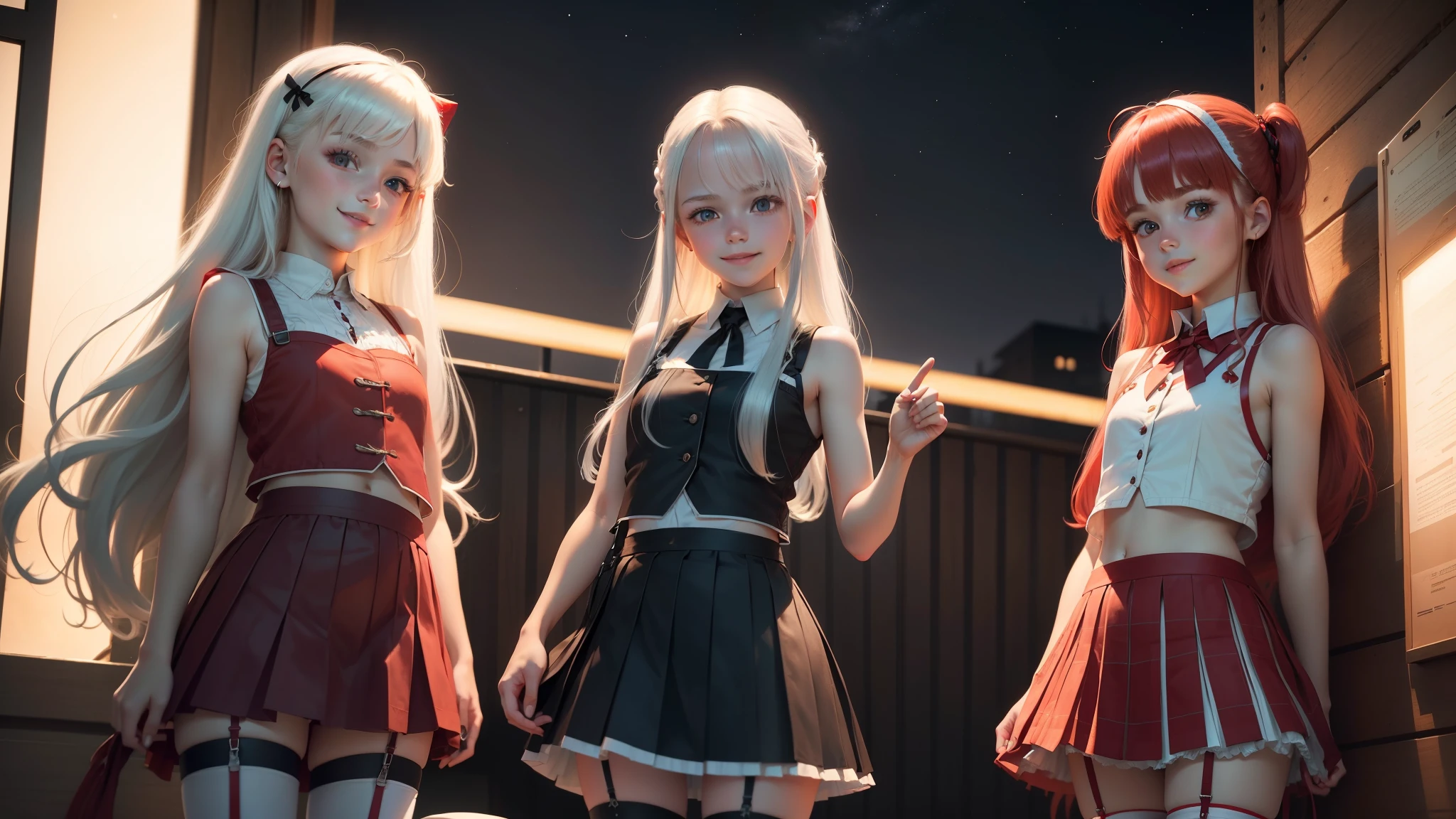 white-haired and red-haired Europeans girls, Europeans girls, cute, young, with long hair, sleeveless jackets, pleated skirt, cropped tops, night time, smiling, stockings with garters