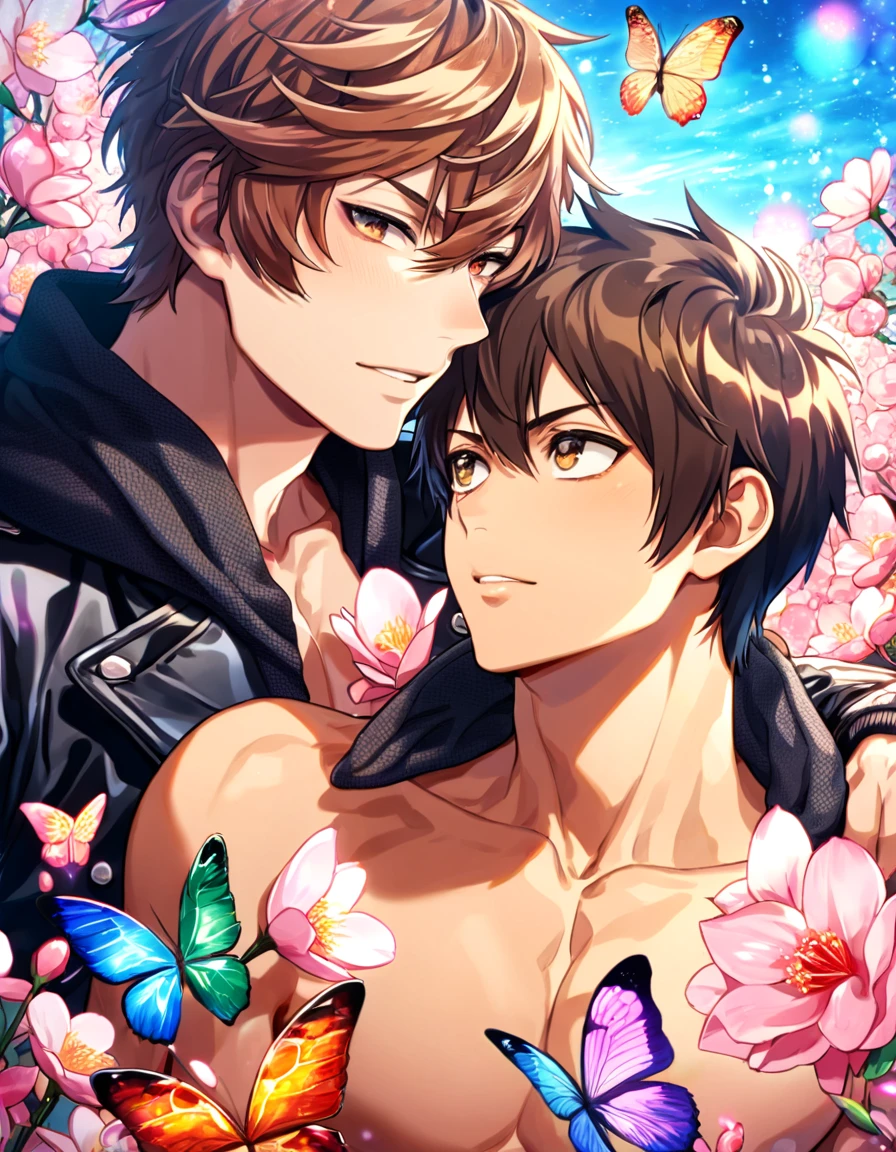 absurdres, highres, ultra detailed, HDR, master piece, best quality, extremely detailed face, delicated features, Sawamura Eijun, brown hair, expressive brown eyes, Diamond No Ace, Miyuki Kazuya, brown hair, messy and windswept, expressive amber eyes, two sexy men together, gay couple, yaoi, handsome, toned chest, black hoodie, black leather jacket, water, blossoms, pink flowers, pink butterflies, fantasy, magic, radiant