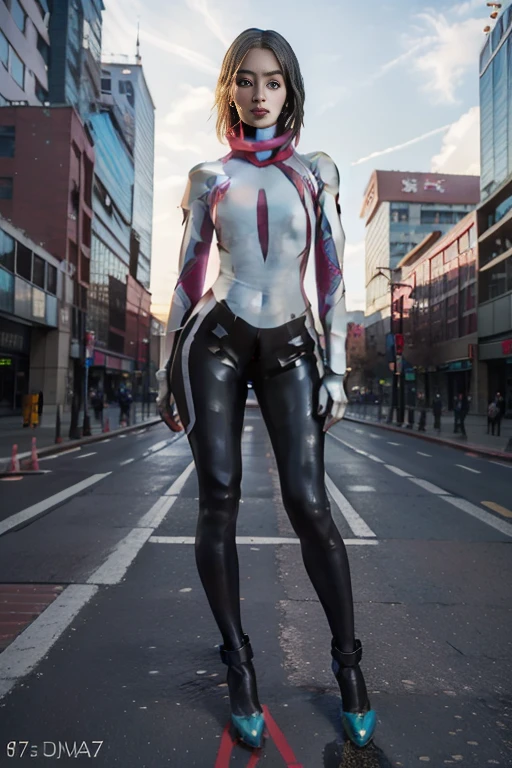 ((masterpiece, 8K, 3D, Realistic, Super Detail)), (1girl:1.3), slender 17 age, Ultra Micro photography, Super realistic, Perfect face, Beautiful features, ((Perfect female body)) Beautiful features, ( body), ((small hips)), Melissa Benoist as Cyberpunk Mech suit ((Exposed thigh)), Exposed Skin, Front Full body Shot, full body portrait, futuristic city background