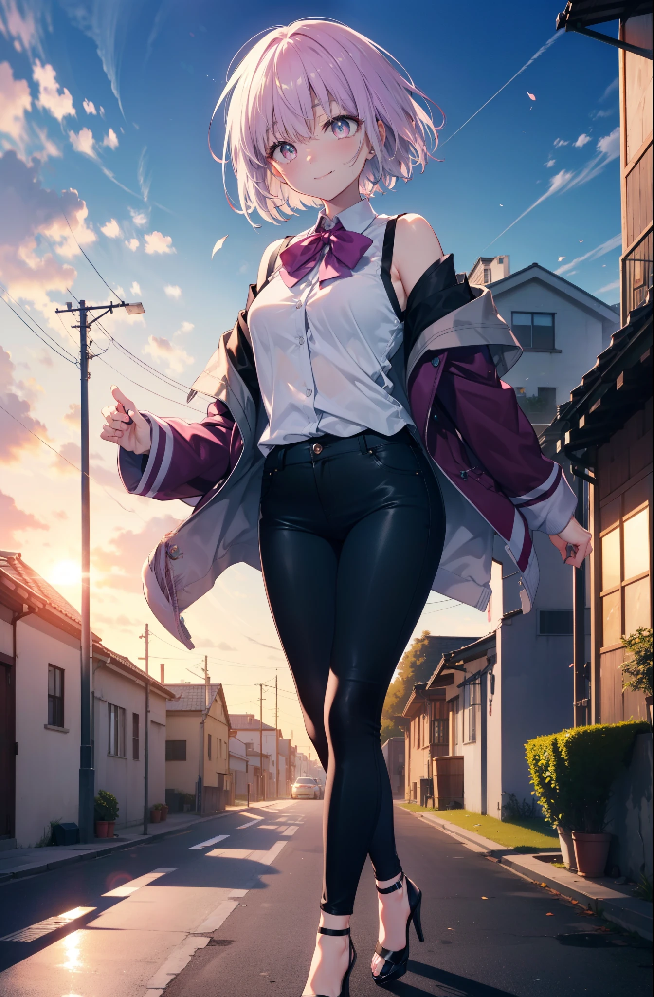 akaneshinjou, shinjou akane, Light purple hair, (Pink Eyes:1.2), short hair,hair band,Cold shoulder tops,skinny pants,Stiletto heels,walking,morning,morning陽,The sun is rising,whole bodyがイラストに入るように,happy smile, smile, Close your mouth,
break looking at viewer,whole body, break outdoors ,Residential Street, break (masterpiece:1.2), highest quality, High resolution, unity 8k wallpaper, (shape:0.8), (Beautiful and beautiful eyes:1.6), Highly detailed face, Perfect lighting, Extremely detailed CG, (Perfect hands, Perfect Anatomy),