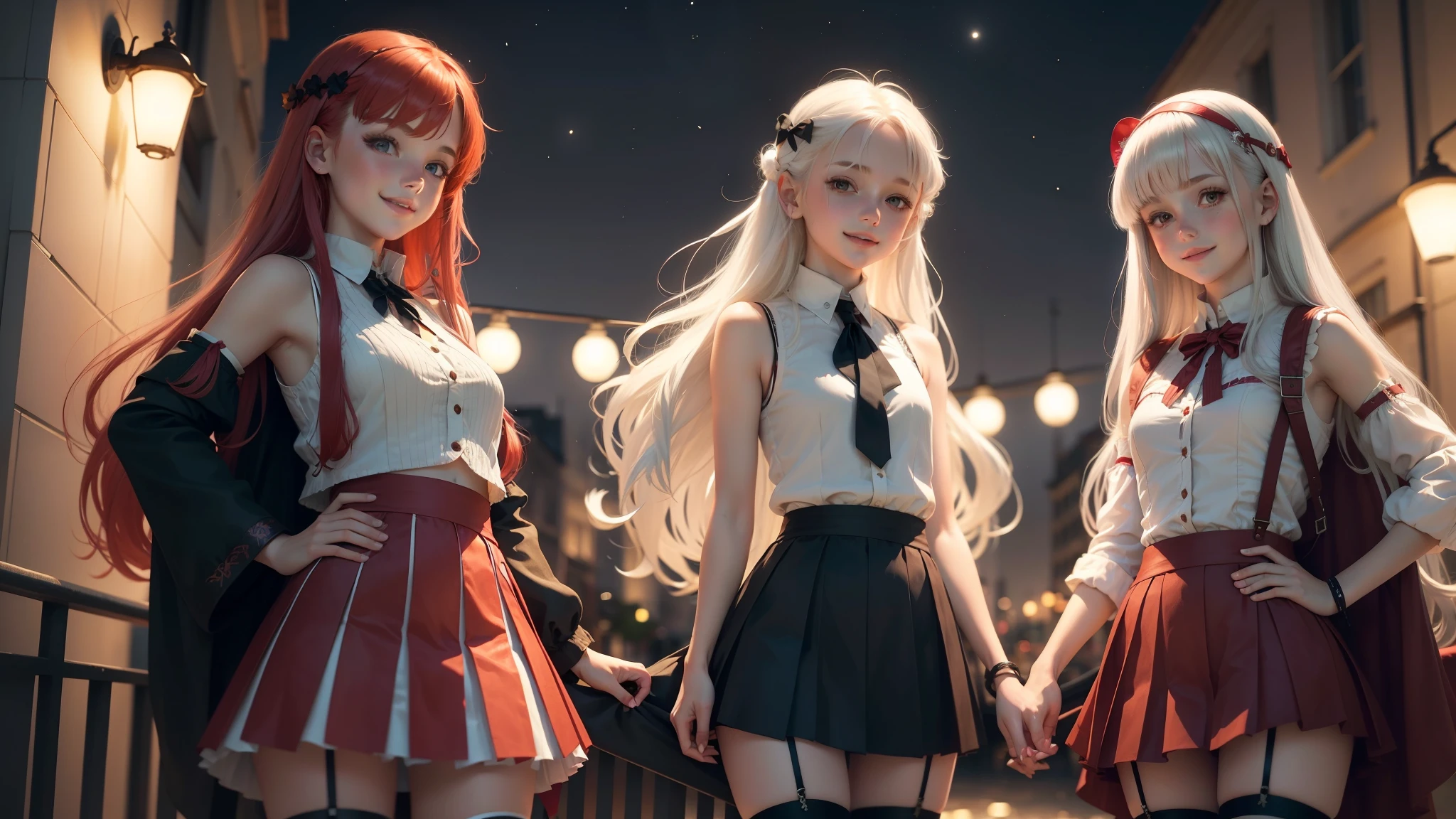 10 years old white-haired and red-haired Europeans girls, Europeans girls, cute, young, with long hair, sleeveless jackets, pleated skirt, cropped tops, night time, smiling, stockings with garters