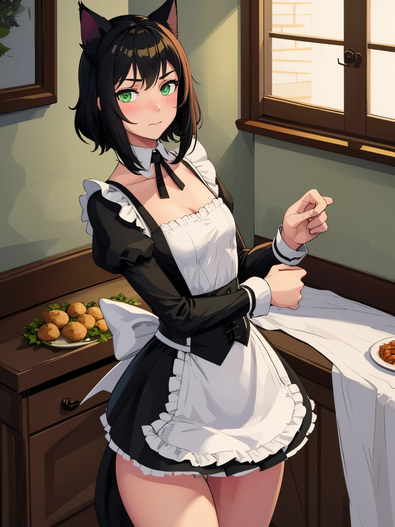 (masterpiece, best quality:1.2), aka6, 1girl, solo, medium hair, black hair, green eyes, cat eyes, slim body, cheerfull, happy, blush, closed mouth, small breasts, maid outfit, catgirl