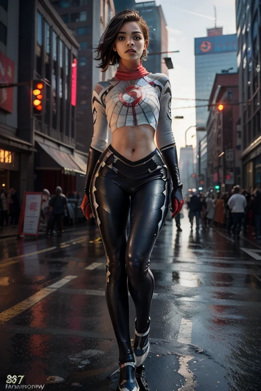 ((masterpiece, 8K, 3D, Realistic, Super Detail)), (1girl:1.3), slender 17 age, Ultra Micro photography, Super realistic, Perfect face, Beautiful features, ((Perfect female body)) Beautiful features, ( body), ((small hips)), Melissa Benoist as Cyberpunk Mech suit ((Exposed thigh)), Exposed Skin, Front Full body Shot, full body portrait, futuristic city background