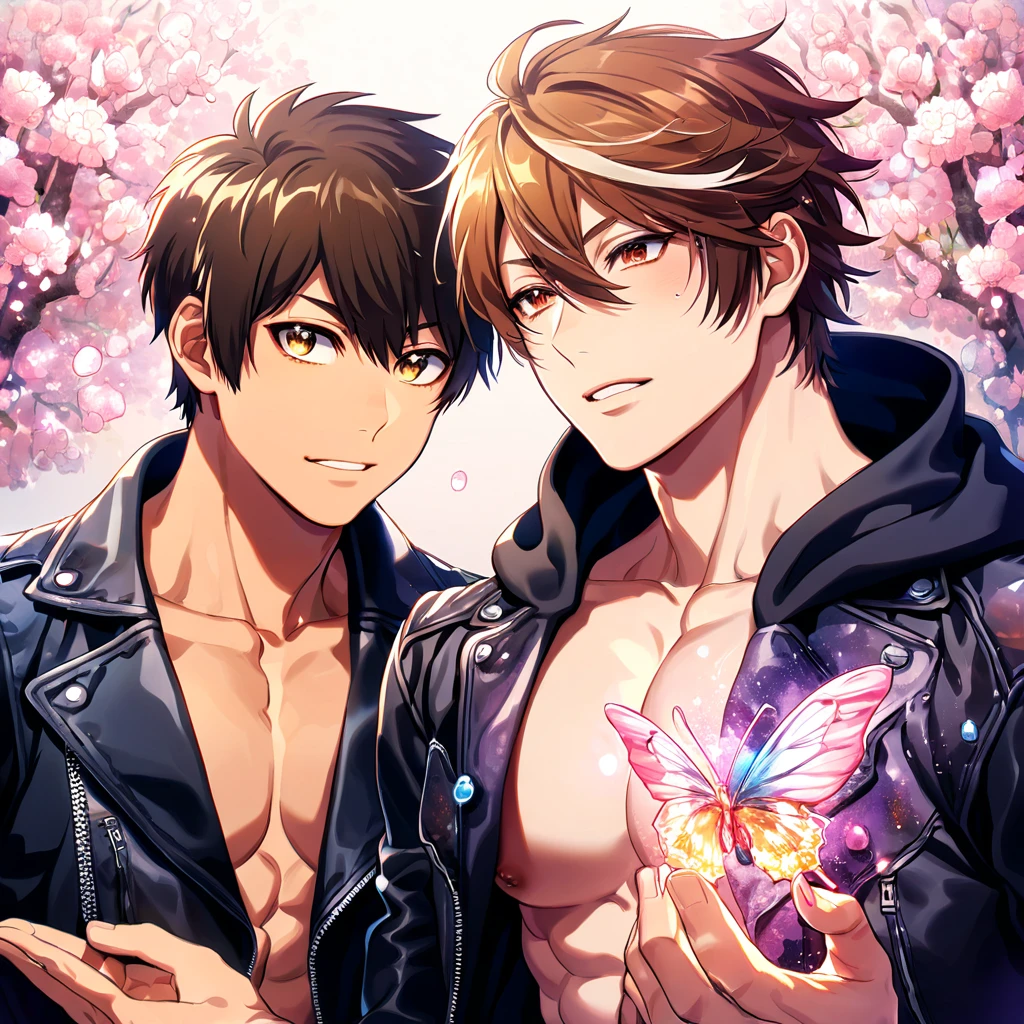 absurdres, highres, ultra detailed, HDR, master piece, best quality, extremely detailed face, delicated features, Sawamura Eijun, brown hair, expressive brown eyes, Diamond No Ace, Miyuki Kazuya, brown hair, messy and windswept, expressive amber eyes, two sexy men together, gay couple, yaoi, handsome, toned chest, black hoodie, black leather jacket, water, blossoms, pink flowers, pink butterflies, fantasy, magic, radiant