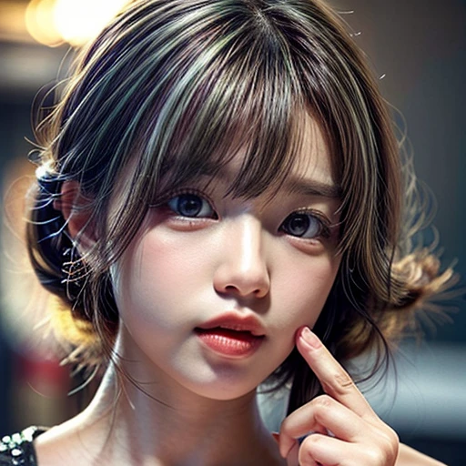 (highest quality,Super detailed,Physically Based Rendering:1.2), (RAW, Realistic, Photorealistic:1.37), (Acutance:0.85),Portraiture,Beautiful young woman with Delicate facial features,Soft lighting, ((Playfully licking finger with tongue, Gently placing a finger in the mouth)), (Close-up shot of sensual lips),Cheeks turn slightly red,A gentle and captivating gaze, cute BabyLike finger . Studio gray background, Light Particles, many blurred colorful Lights (dazzling bokeH) . BREAK . (((NOGIZAKA face variations)))  Extremely Detailed very KAWAII face variations, elaborate detailed Eyes with (sparkling highlights:1.2), (Voluminous long eyelashes:0.9)、Glossy RED Lips with beautiful details, Coquettish tongue, Rosy cheeks, Radiant PearlSkin with clear transparency, (Natural:0.7) Detailed FlawlessSkin with glowing DowneyHair . { (Dynamic LifeLike expressions) | :d) }, (large eyes:-1) . mouth_hold, ((Different types of Unusual hair color)), 