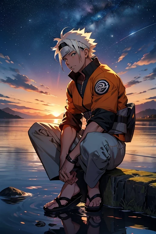 Foto do personagem masculino de Naruto, Modo sanin, olhando para o horizonte, num anoitecer bem estrelado, estrelas cadentes caindo, muito brilhante, nuvens num tom avermelhado 