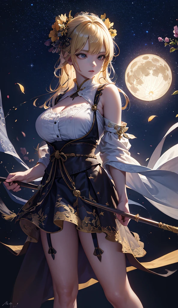 masterpiece, high quality, 4K, Beautiful design, silhouette,blonde, 非常に詳細な夜のStarry Sky,Flower Field, wonderful, Finer details, Very knowledgeable woman,Devil Highly detailed solo, 1 female,Big Breasts,camisole,mini skirt,garter belt,Night view,Starry Sky,full moon,