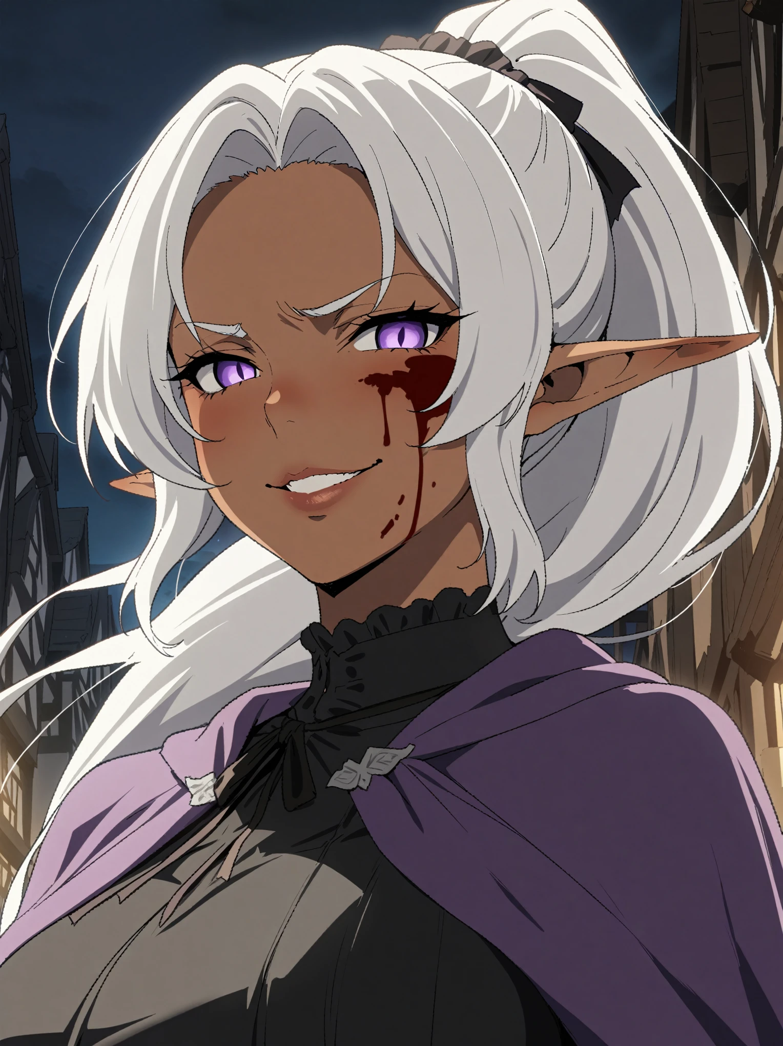 {{portrait, dutch angle}} {{Artist: Sincos}} 1girl, elf, mature female, solo, dark-skinned female, silver hair, long hair, purple eyes, lips, big breasts, curvy, black victorian dress, ponytail, bangs, purple cloak, evil smile, blood on face, outdoors, town, night, looking at viewer, facing viewer, medieval fantasy, (best quality, highres).
