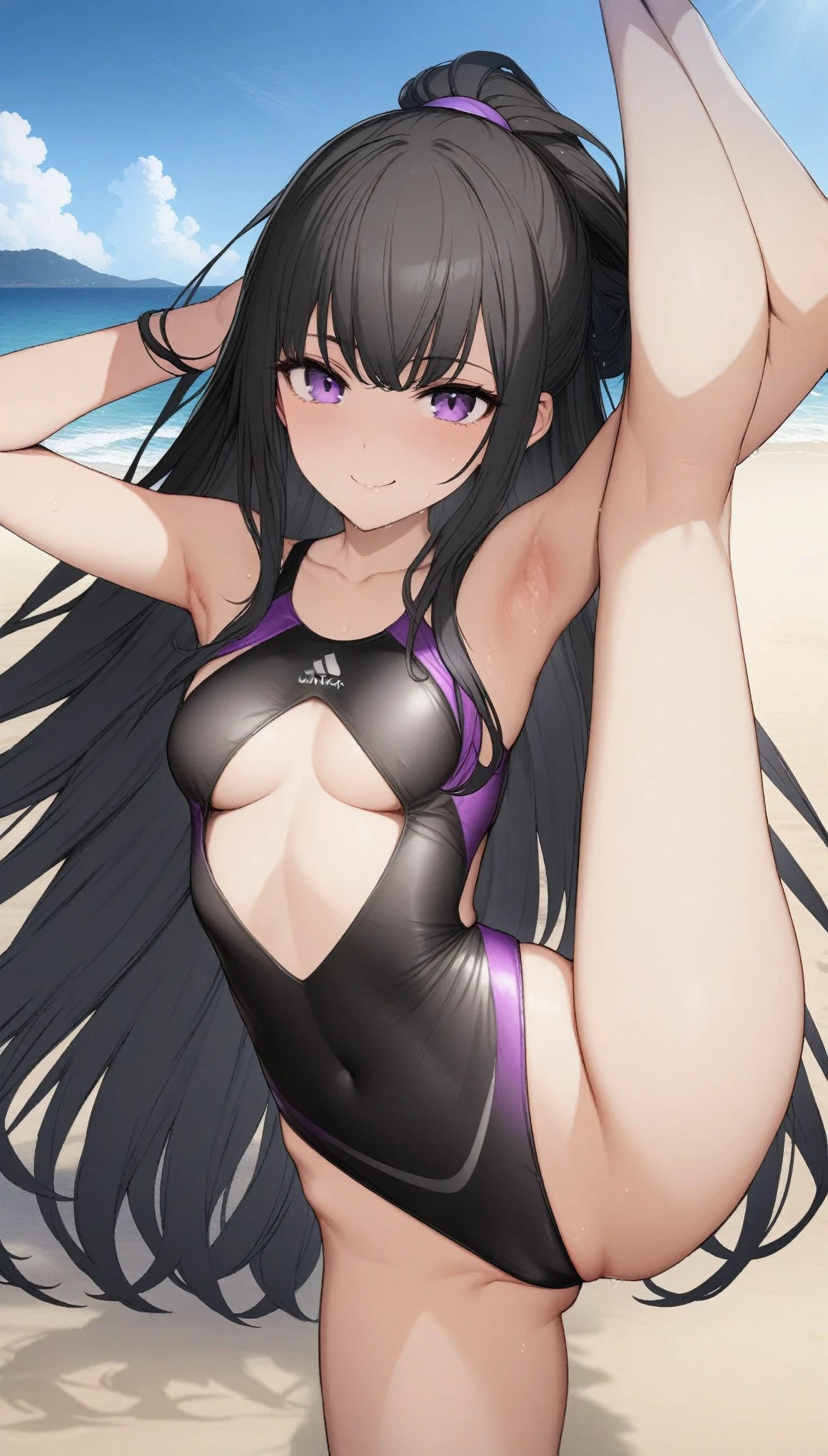 nsfw, 32k, best quality, ultra high res, HDR, UHD, extremely detailed CG, unity 32k wallpaper, 18 year old girl, 1 person, Purple eyes, Black competitive swimsuit, Beach, Long black hair, medium breasts, Embarrassing, smile, 