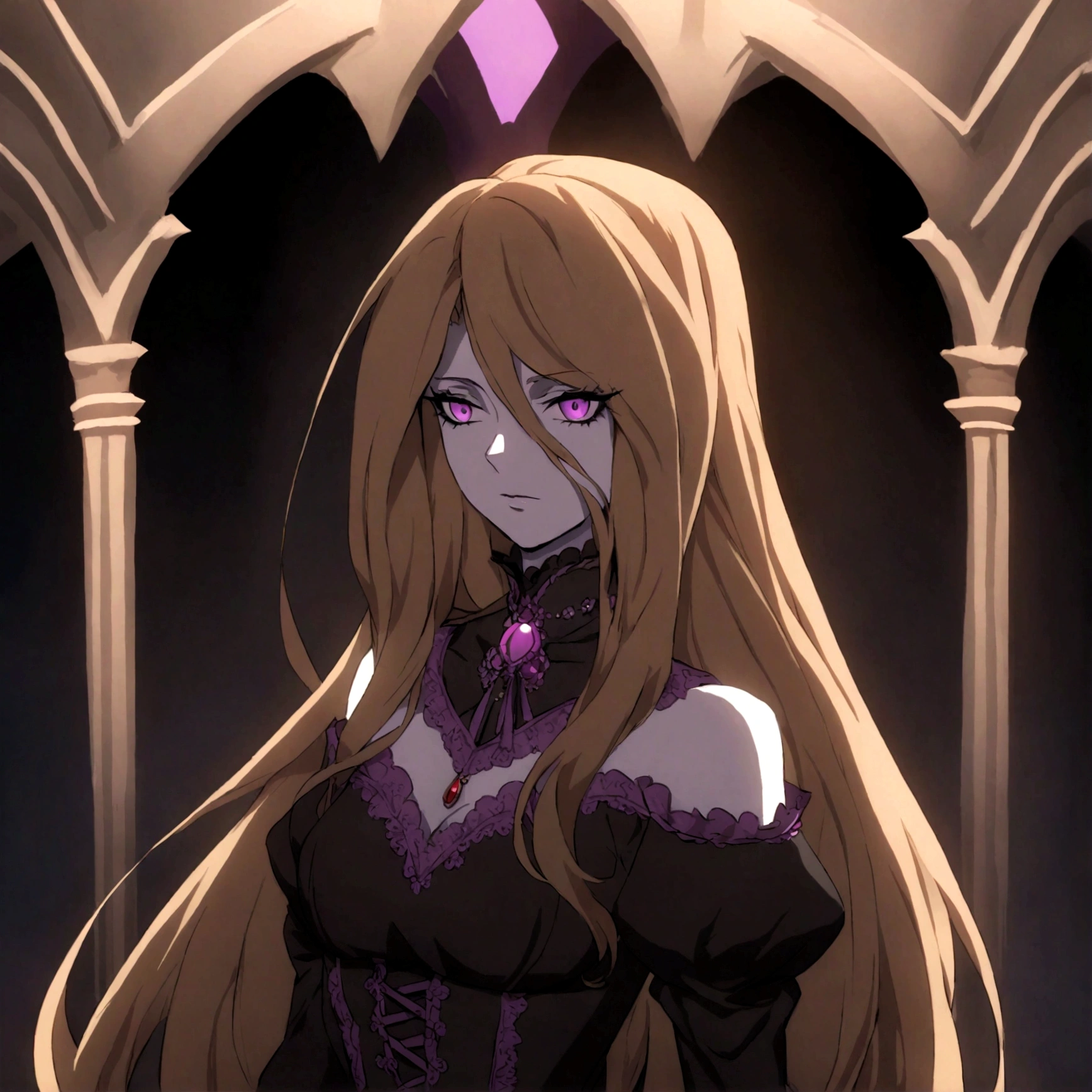 castlevania girl with pale skin, brown long hair and a victorian black dress with purple details