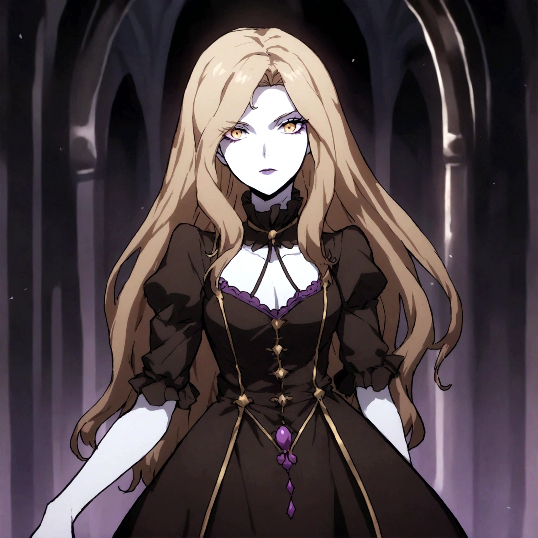 castlevania girl with pale skin, brown long hair and a victorian black dress with purple details