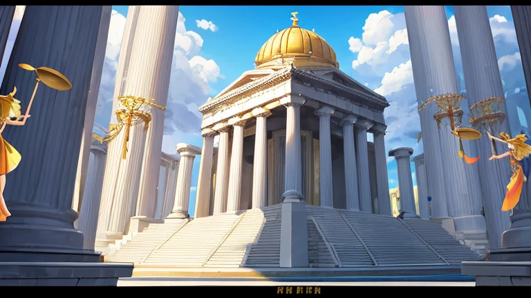 Greek temple background, multiple angles, children's book style, simple, fullcolor, 2D background, with background characters from the era without taking center stage, close-up view of Greek pillars, outside the temple