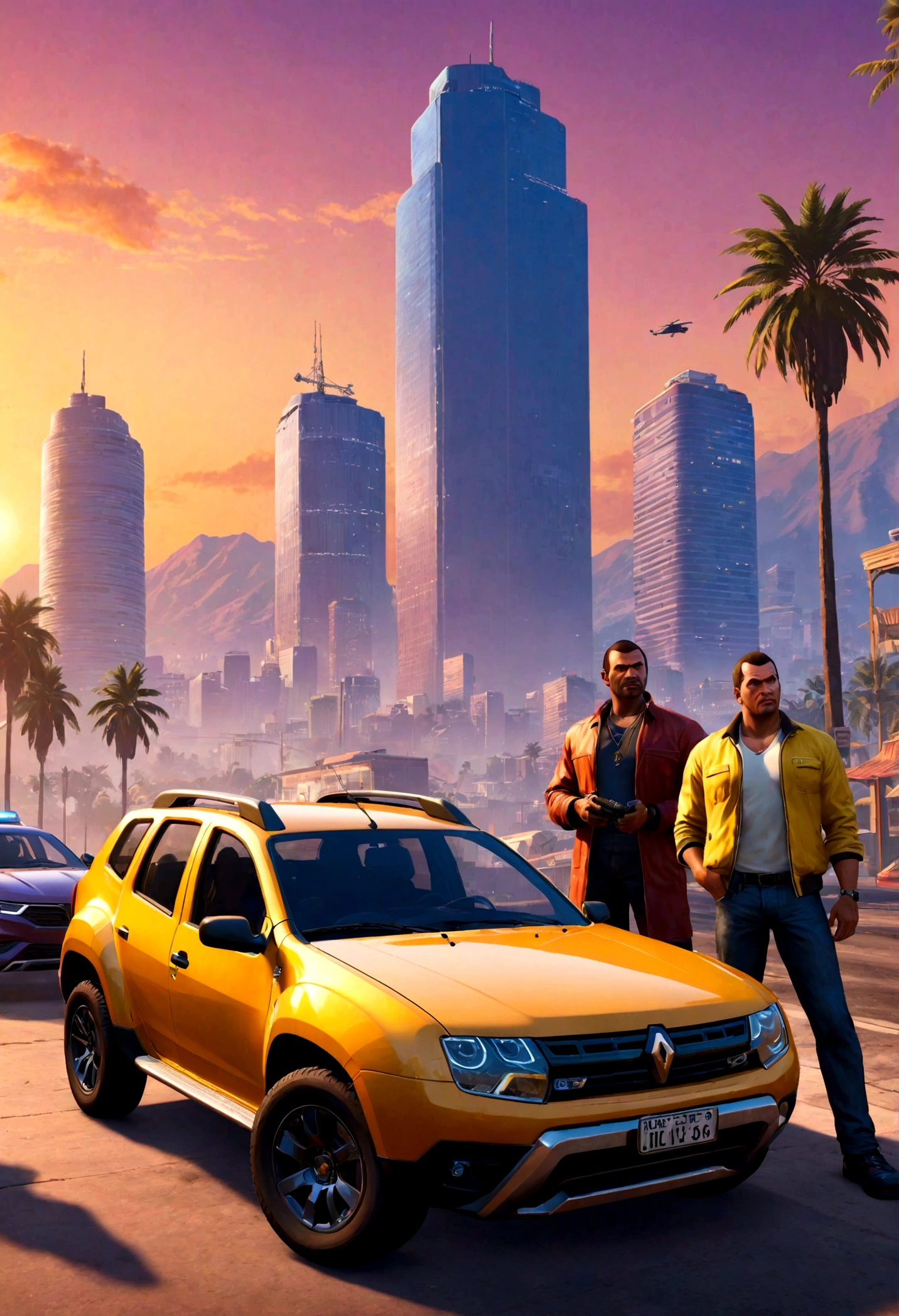 "Create an image that captures the essence of the Grand Theft Auto VI (GTA 6) game, featuring a cityscape at sunset, a sub, golden renault duster, chase with a sports car, and, characters in vivid colors, a couple posing in front of the vehicle, palms in in the background. The game's logo should be prominently displayed."