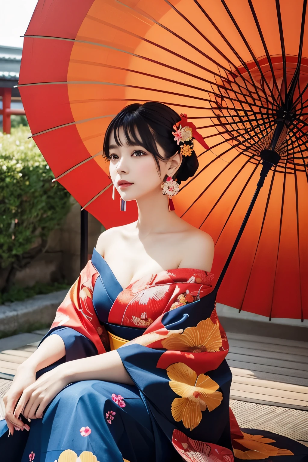 A black-haired woman wearing a vibrant Japanese-style outfit、sitting under a big umbrella。The costume is embroidered with colorful flowers.、The off-the-shoulder design is sexy yet elegant.。Long, decorative earrings dangled from her ears.、Her hair is decorated with flowers。In the background, Japanese umbrellas are spread ou vibrant orange and red patterns create a beautiful contrast.。