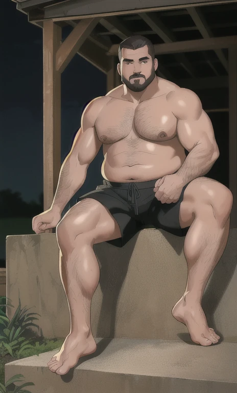 (masterpiece, best quality), Dark photograph, homoerotic, a shirtless average (plump belly) 35yo man, redneck, sitting on concrete steps porch of small farmhouse, film, accurate proportionate, bare chest leg thigh knee calf foot barefoot, black shorts, summer evening, nighttime, Photorealistic, hyperdetailed, life-like, sharp focus, ((detailed realistic skin, life-like detailed realistic face)),