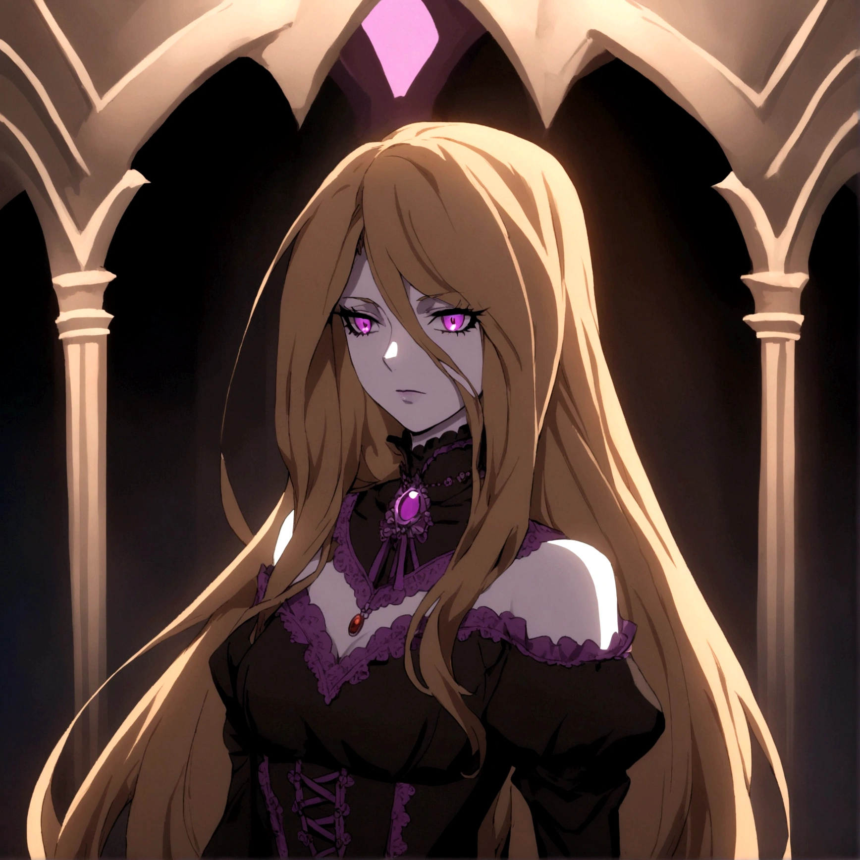 castlevania girl with pale skin, brown long hair and a victorian black dress with purple details