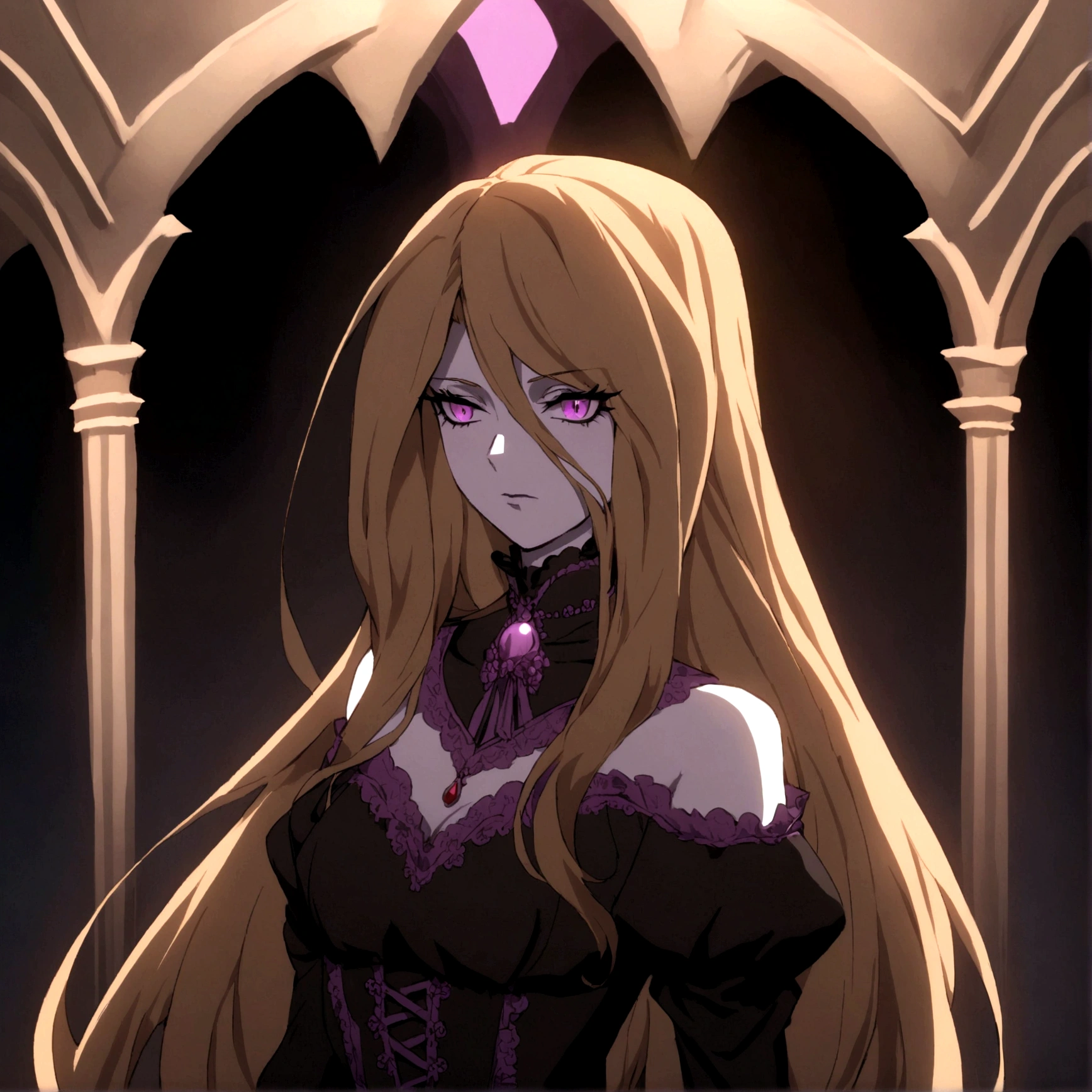 castlevania girl with pale skin, brown long hair and a victorian black dress with purple details