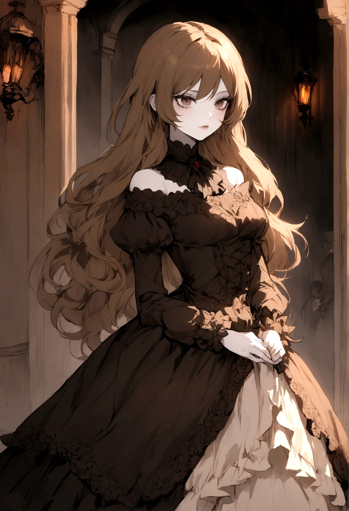 castlevania girl with pale skin, brown long hair and a victorian black dress