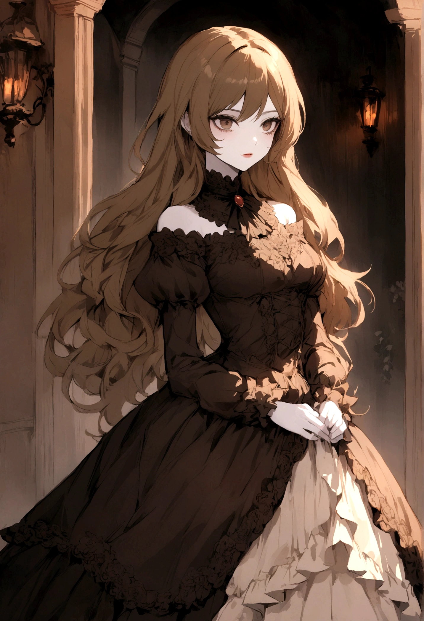 castlevania girl with pale skin, brown long hair and a victorian black dress