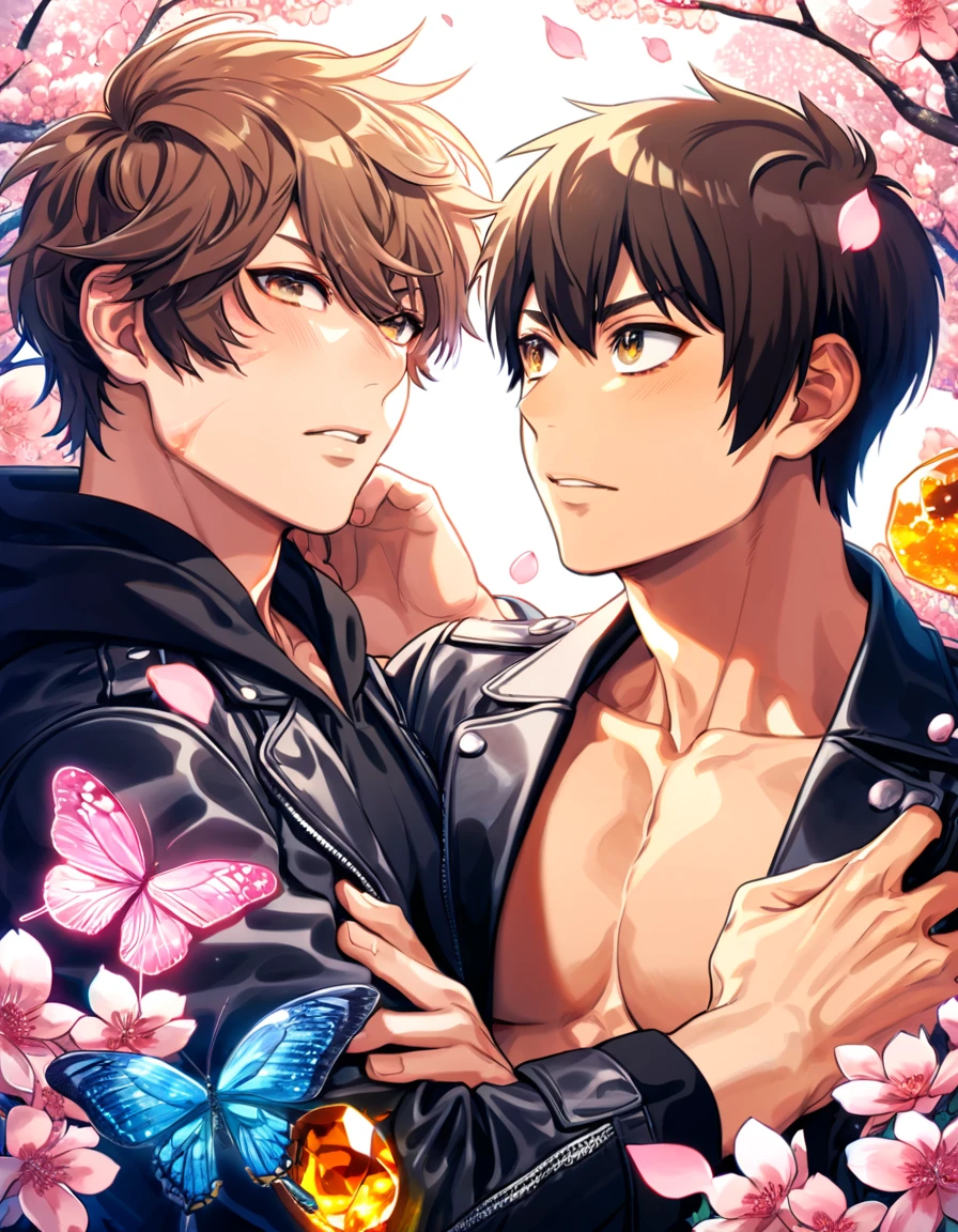 absurdres, highres, ultra detailed, HDR, master piece, best quality, extremely detailed face, delicated features, Sawamura Eijun, brown hair, expressive brown eyes, Diamond No Ace, Miyuki Kazuya, brown hair, messy and windswept, expressive amber eyes, two sexy men together, gay couple, yaoi, handsome, toned chest, black hoodie, black leather jacket, water, blossoms, pink flowers, pink butterflies, fantasy, magic, radiant