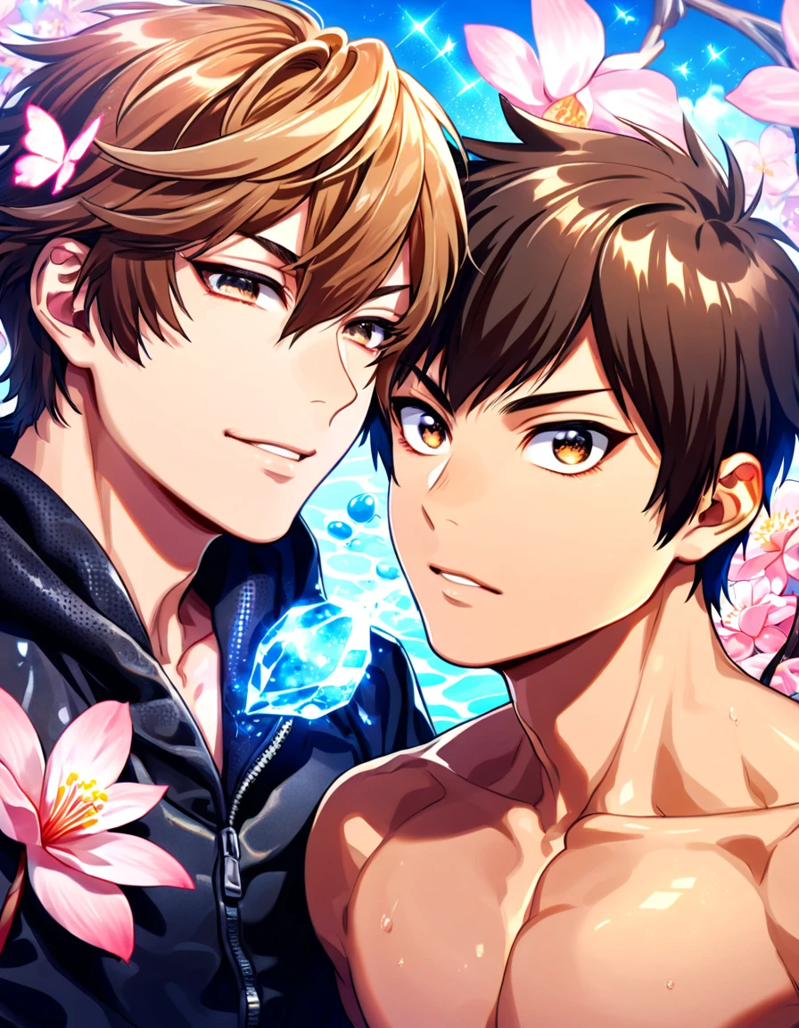 absurdres, highres, ultra detailed, HDR, master piece, best quality, extremely detailed face, delicated features, Sawamura Eijun, brown hair, expressive brown eyes, Diamond No Ace, Miyuki Kazuya, brown hair, messy and windswept, expressive amber eyes, two sexy men together, gay couple, yaoi, handsome, toned chest, black hoodie, black leather jacket, water, blossoms, pink flowers, pink butterflies, fantasy, magic, radiant