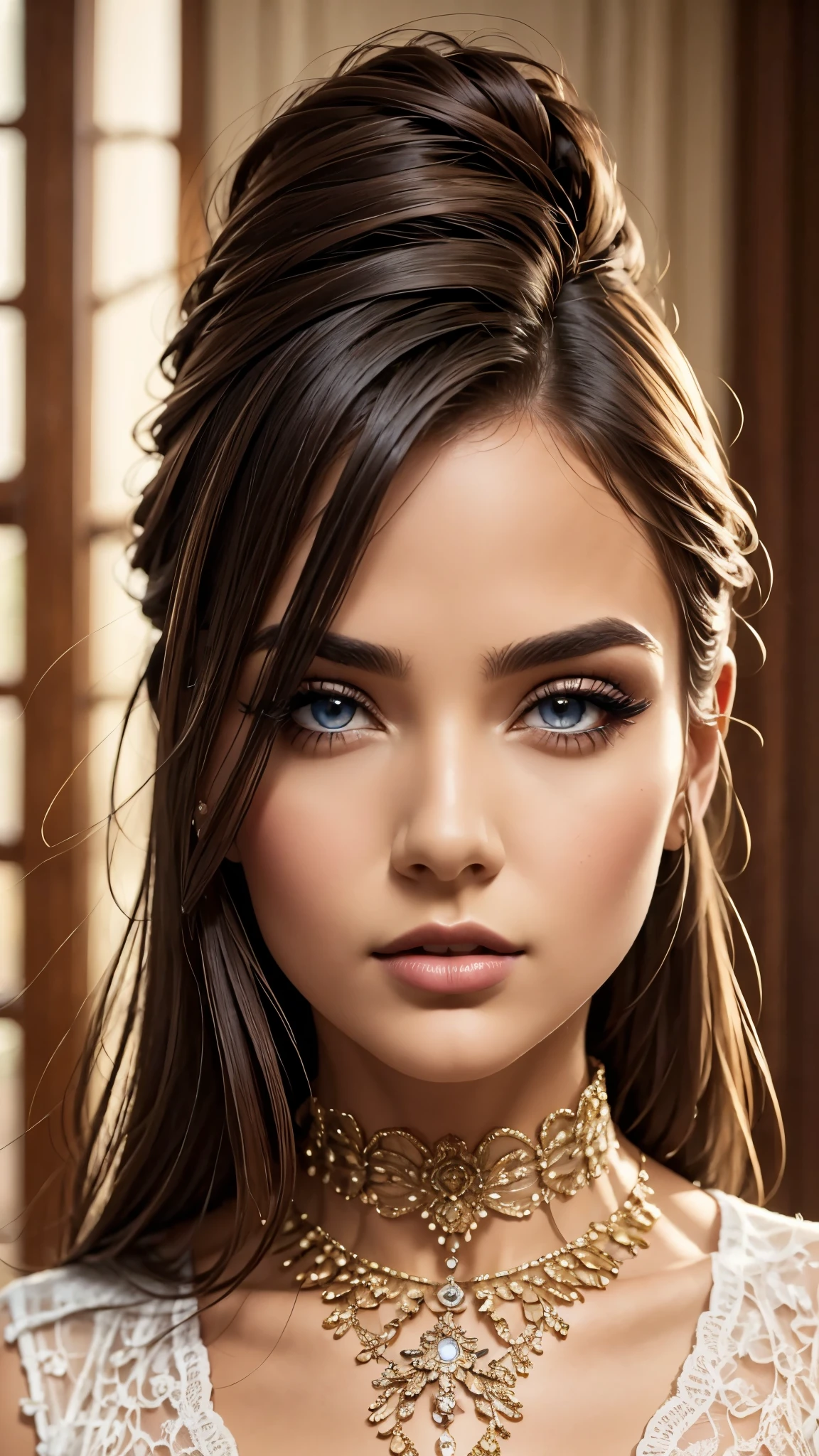 a girl with a collar, 1girl, beautiful detailed eyes, beautiful detailed lips, extremely detailed face and eyes, long eyelashes, detailed skin and hair, intricate collar, high fashion, elegant, detailed clothing, soft lighting, cinematic, photorealistic, 8k, high resolution, masterpiece, ultra-detailed, realistic, vivid colors, warm color palette