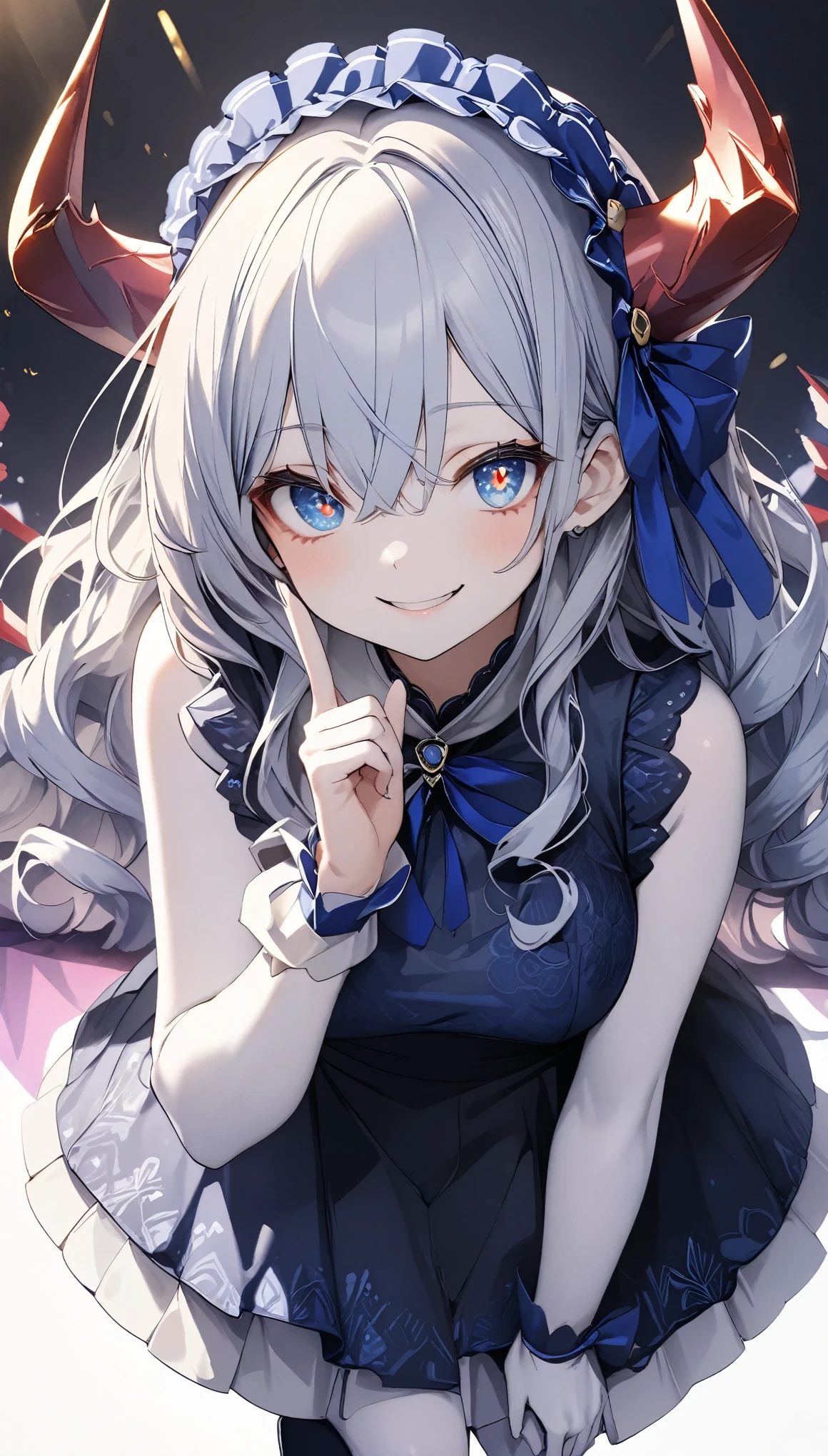 score_9, score_8_up, score_7_up, best quality ,masterpiece, 4k, Japanese anime, 1girl, (white skin:1.2), navy blue hair, medium length hair, blue ribbon, drill hair, wavy hair, (mechanical dragonhorn:1.5), (mechanical wing:1.2), (eye lashes:1.3), (eye shadow:1.3), blue eyes, (beautiful detailed eyes:1.4), laugh, 130cm tall, original character, fantasy, (white background:1.2), (full body:1.8), beautiful fingers, standing, (blue black lace frill armor dress:1.5), (mechanical headdress:1.5) , shoot from front, looking at viewer ,