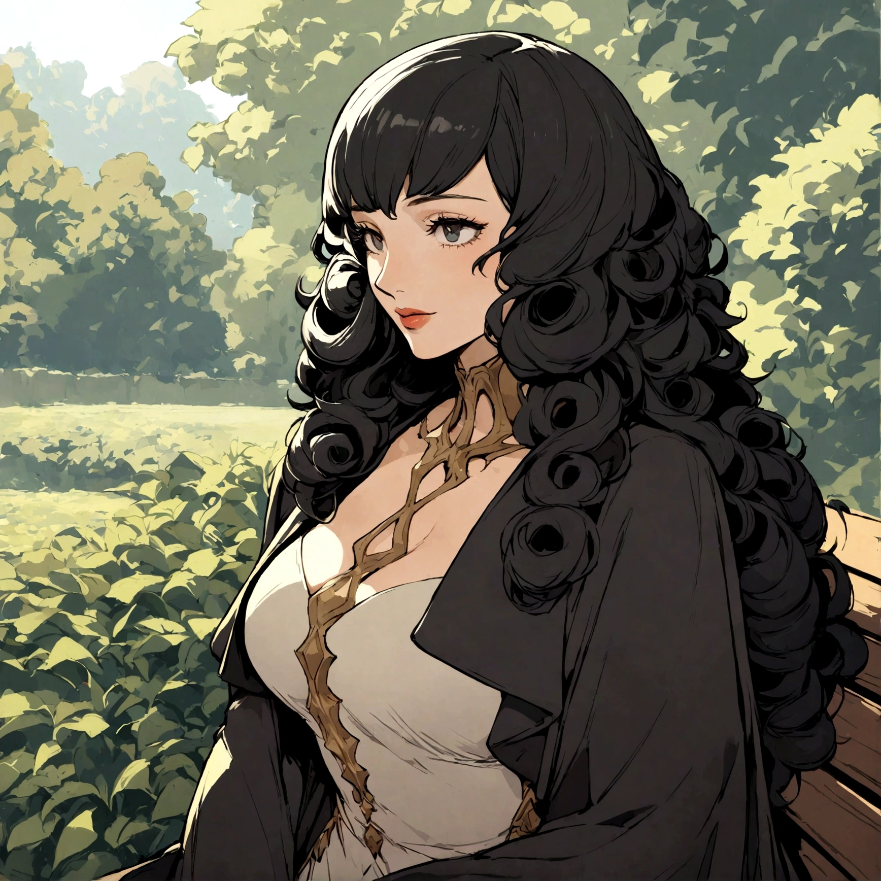 1 femme humaine, who is sitting on a bench with curly hair, Profondeur de champ, cheveux noirs, nouveau