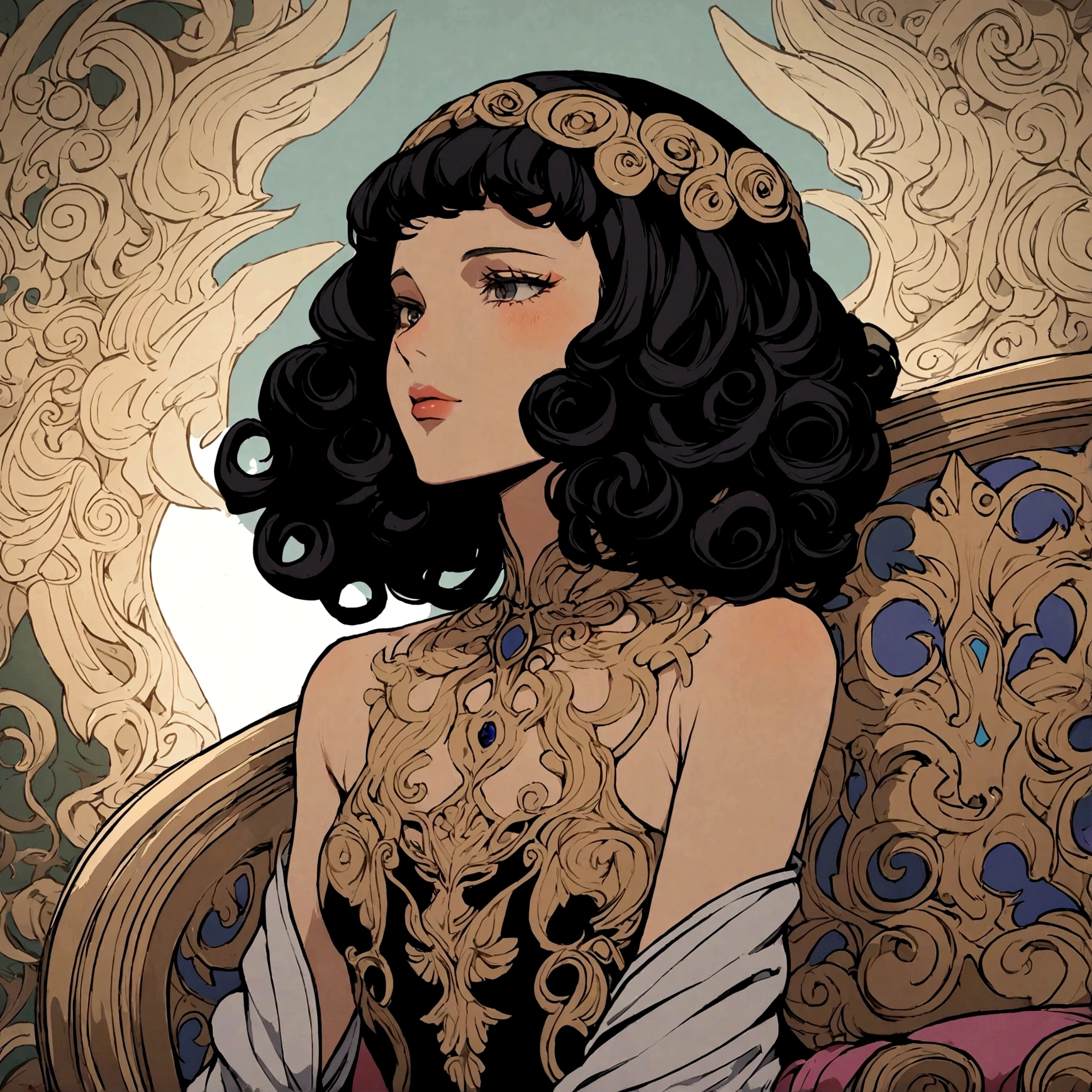 1 femme humaine, who is sitting on a bench with curly hair, Profondeur de champ, cheveux noirs, nouveau