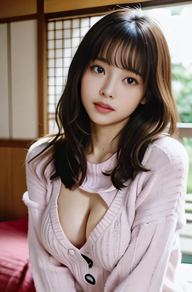 Random pose、highest quality、超A high resolution、(Photorealistic:1.5)、1 girl、sweater、(Long-haired:1.2)、(Big Breasts:1.2)、ryokan、View your viewers、Close-up、Esbian all over、Bad Eyes、Embarrassed face、Japanese、Sexy lips