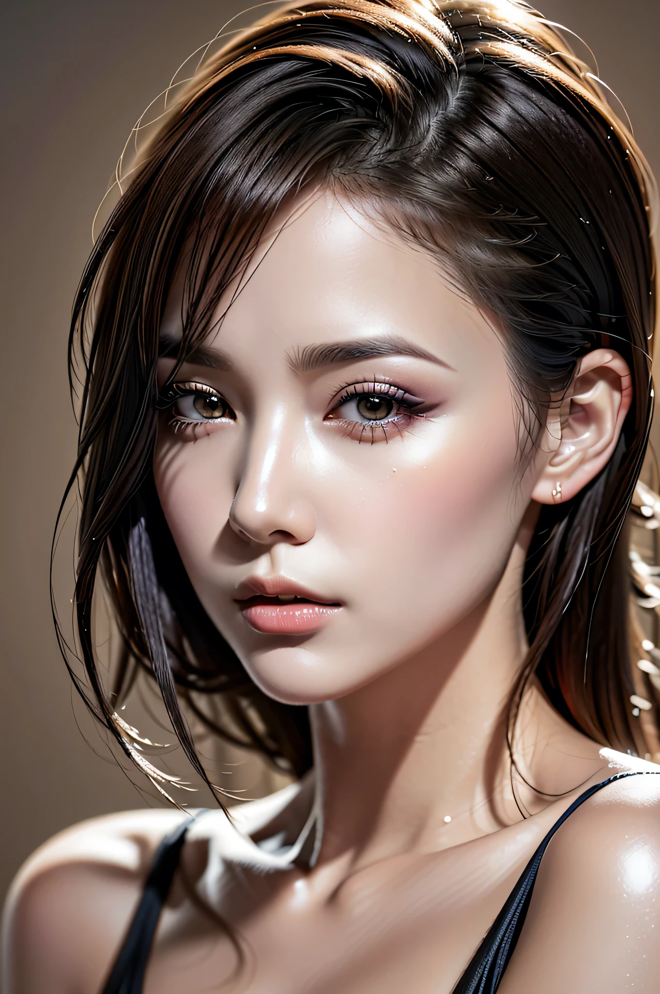 photorealistic Realism 8K, 16K, Quality: (incredibly absurd quality, extremely details, Ultra resolution, clear sharp focus, not blurry, Realistic brown_eyes), ((perfect dark_eyeshadows:1.45)), (super Detailed, beautiful little nose:1.2), (perfect composition), (upper body shot), (close up of her face), beautiful cheekbones, double eyelids, dslr, best high quality soft lighting, sharp focus captured by Fujifilm XT3, f 5.6, in a dramatic lighting, ((perfect composition)), ((pale skin)), ((dry skin)),