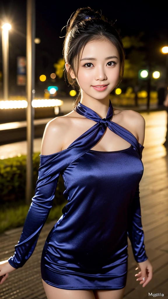 a gorgeous lady in a Bow Front Flounce Sleeve 2-in-1 Dress, standing under night sky, dimpled smile, short ponytail, in a natural pose, photorealistic, beautiful detailed eyes, hyper-realism, high contrast, ultra HD, realistic skin textures, top image quality, top-quality, super high resolution, fine details, very meticulously, bokeh background