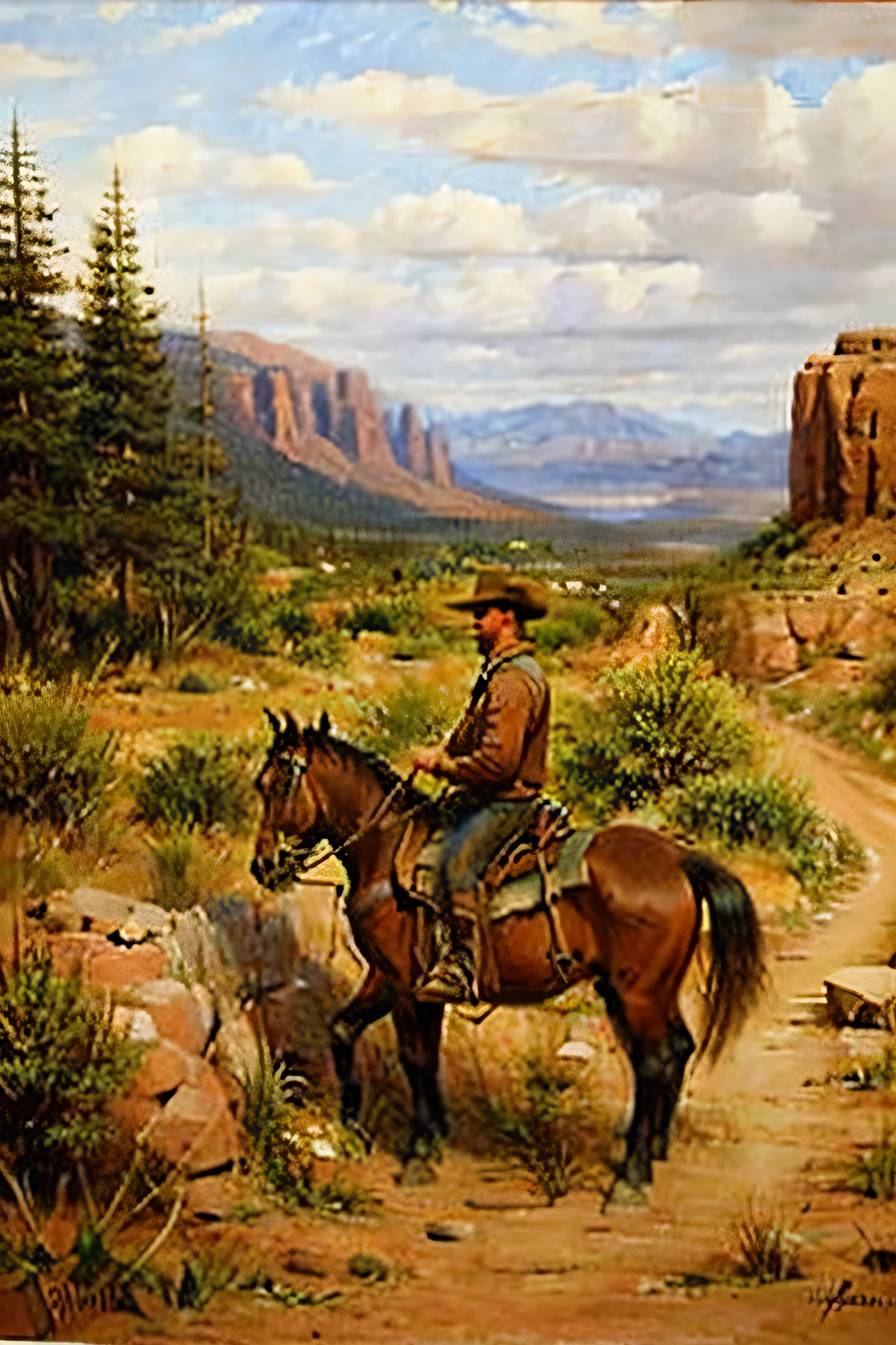 "Create an exquisite oil painting with an old western theme, depicting a captivating scene of a fearless cowboy in a vast, rugged landscape."