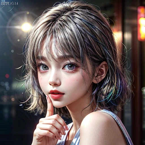 (highest quality,Super detailed,Physically Based Rendering:1.2), (RAW, Realistic, Photorealistic:1.37), (Acutance:0.85),Portraiture,Beautiful young woman with Delicate facial features,Soft lighting, ((Playfully licking finger with tongue, Gently placing a finger in the mouth)), (Close-up shot of sensual lips),Cheeks turn slightly red,A gentle and captivating gaze, cute BabyLike finger . Studio gray background, Light Particles, many blurred colorful Lights (dazzling bokeH) . BREAK . (((NOGIZAKA face variations))) Extremely Detailed very KAWAII face variations, elaborate detailed Eyes with (sparkling highlights:1.2), (Voluminous long eyelashes:0.9)、Glossy RED Lips with beautiful details, Coquettish tongue, Rosy cheeks, Radiant PearlSkin with clear transparency, (Natural:0.7) Detailed FlawlessSkin with glowing DowneyHair . { (Dynamic LifeLike expressions) | :d) }, (large eyes:-1) . mouth_hold, ((Different types of Unusual hair color)),