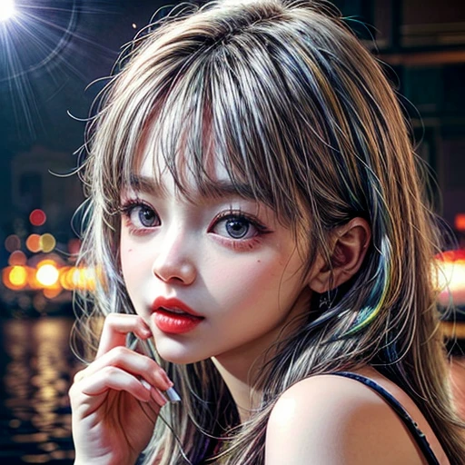 (highest quality,Super detailed,Physically Based Rendering:1.2), (RAW, Realistic, Photorealistic:1.37), (Acutance:0.85),Portraiture,Beautiful young woman with Delicate facial features,Soft lighting, ((Playfully licking finger with tongue, Gently placing a finger in the mouth)), (Close-up shot of sensual lips),Cheeks turn slightly red,A gentle and captivating gaze, cute Like finger . Studio gray background, Light Particles, many blurred colorful Lights (dazzling bokeH) . BREAK . (((NOGIZAKA face variations))) Extremely Detailed very KAWAII face variations, elaborate detailed Eyes with (sparkling highlights:1.2), (Voluminous long eyelashes:0.9)、Glossy RED Lips with beautiful details, Coquettish tongue, Rosy cheeks, Radiant PearlSkin with clear transparency, (Natural:0.7) Detailed FlawlessSkin with glowing DowneyHair . { (Dynamic LifeLike expressions) | :d) }, (large eyes:-1) . mouth_hold, ((Different types of Unusual hair color)),