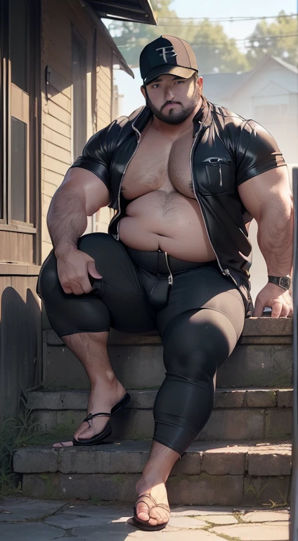 Artwork in the anime style of Just chubby chubby, (((Daddy Chubby Bear gay weighing 197 kilos of body mass. (masterpiece, best quality), Dark photograph, homoerotic, a shirtless average (plump belly) 35yo man, redneck, sitting on concrete steps porch of small farmhouse, film, accurate proportionate, bare chest leg thigh knee calf foot barefoot, black shorts, summer evening, nighttime, Photorealistic, hyperdetailed, life-like, sharp focus, ((detailed realistic skin, life-like detailed realistic face)),, Truck driver; Black pants with open zipper at the bottom,8K,Full body photography full body image