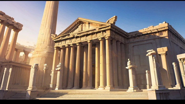 three Greek Doric pillars, Ionic and Corinthian , the three greek orders, Greek temple background, multiple angles, children's book style, simple, fullcolor, 2D background, with background characters from the era without taking center stage, close-up view of Greek pillars, highly detailed,masterpiece,photorealistic,vibrant colors,warm lighting,classical architecture,classical greek, ornamental pillars, fantasy, conceptart