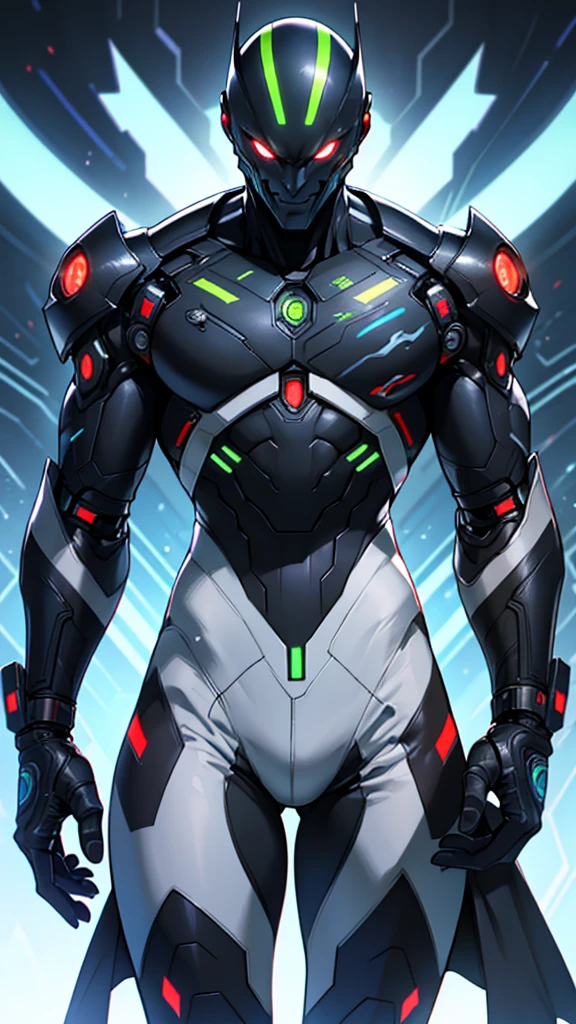 Cybernetic alien with detailed muscles realistic masterpieces full figure pose (best quality,ultra-detailed), colorful alien skin (evil sinister smile), wearing mobile cybernetic battle spacesuit