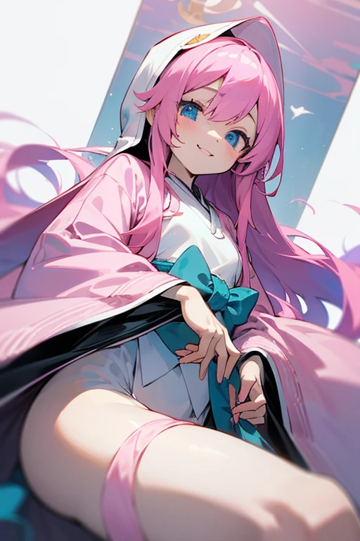 Sister Character、Pink Hair、delicate、masterpiece、hoodie、cute、A seductive smile、Japanese、Clothes、beautiful、Full Color、chest、From below、Focus on the eyes、Long Hair、woman、young、Pale, gentle blue eyes、Sister Character、I have my own mascot