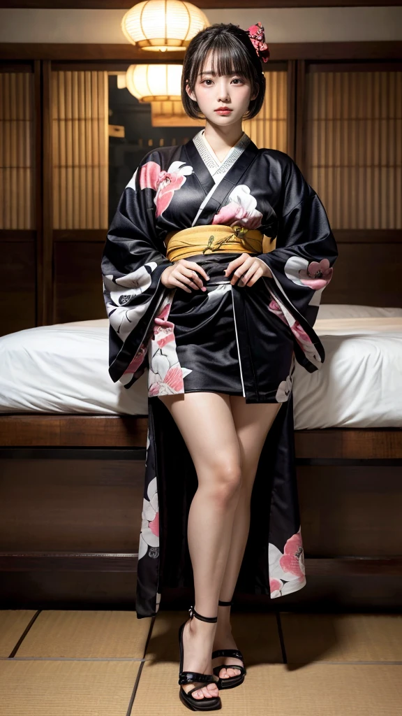 masterpiece, best quality, illustration, Super detailed, fine details, High resolution, 8K,wall paper, perfect dynamic composition,(Details High quality, realistic depiction of eyes:1.3), (idol, kimono:1.3), short hair, (wavy hair:1.2), black hair color, Big Natural Color Lip, bold sexy pose, crying a little、cold gaze, Harajuku style、20 year old girl、cute type、lolita、beautiful legs, hotel room, beautiful legs, full body photo、focus on crotch, hposing Gravure Idol, large breasts, Don't expose it